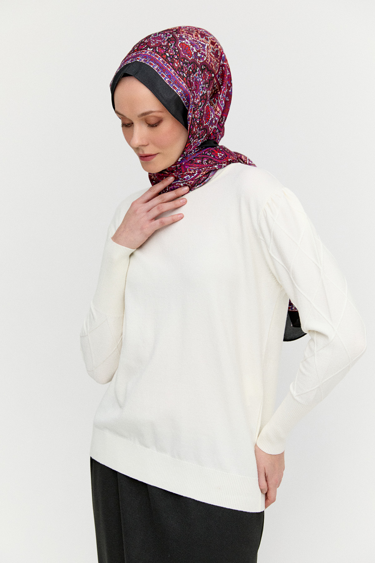 Baklava Desenli Ribanalı Triko Bluz, Tesettür Giyim