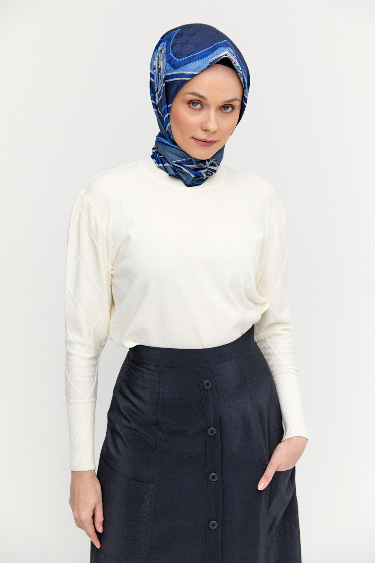 Baklava Desenli Ribanalı Triko Bluz, Tesettür Giyim