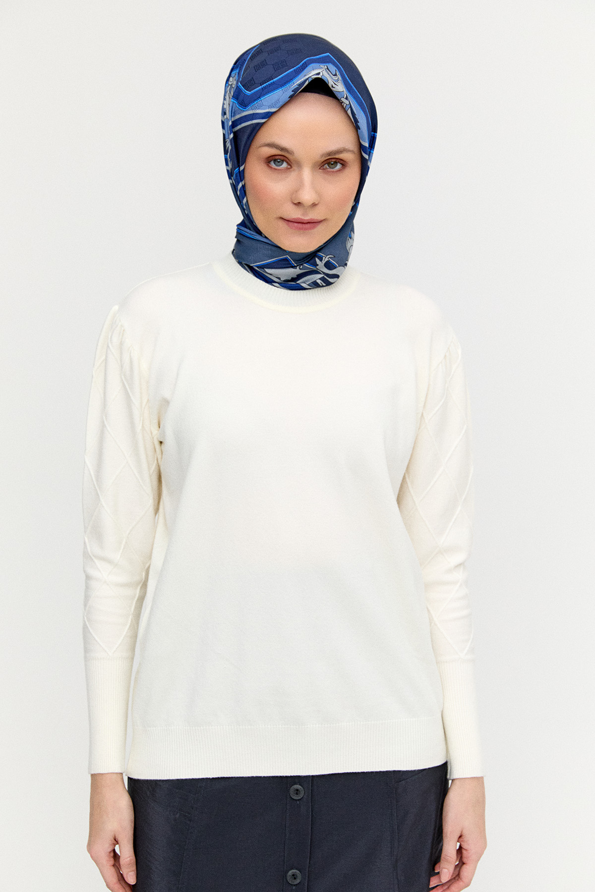 Baklava Desenli Ribanalı Triko Bluz, Tesettür Giyim