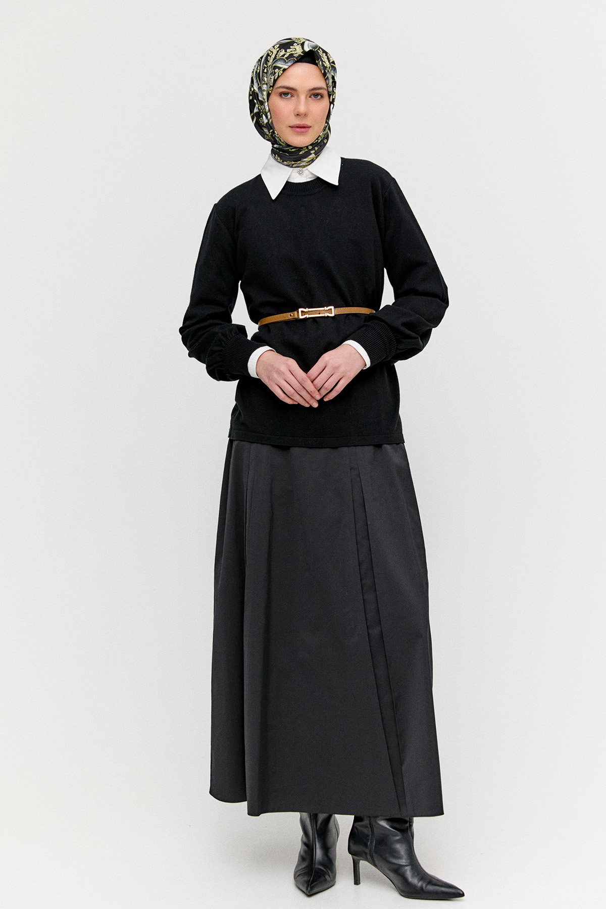 Kemerli Bisiklet Yaka Triko Bluz, Tesettür Giyim