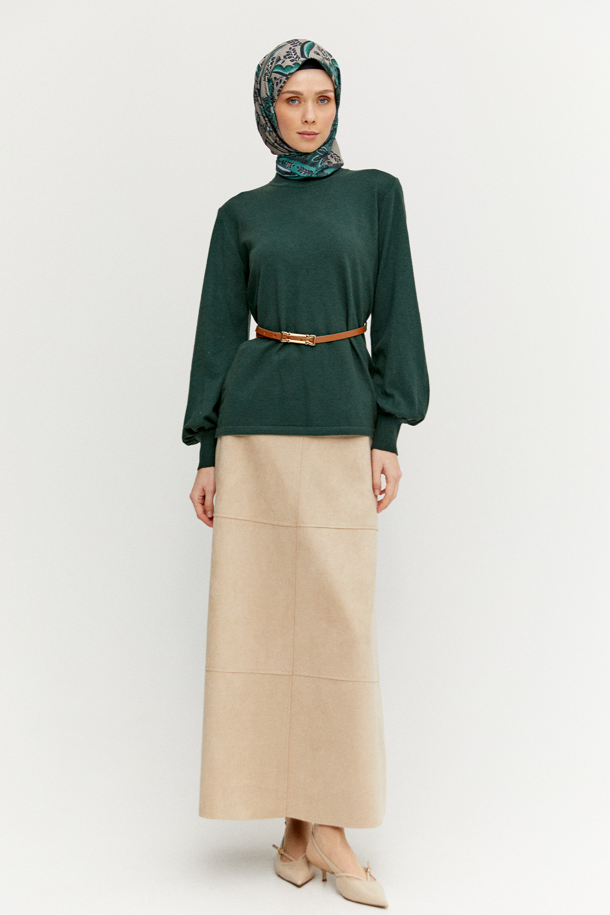 Kemerli Bisiklet Yaka Triko Bluz, Tesettür Giyim