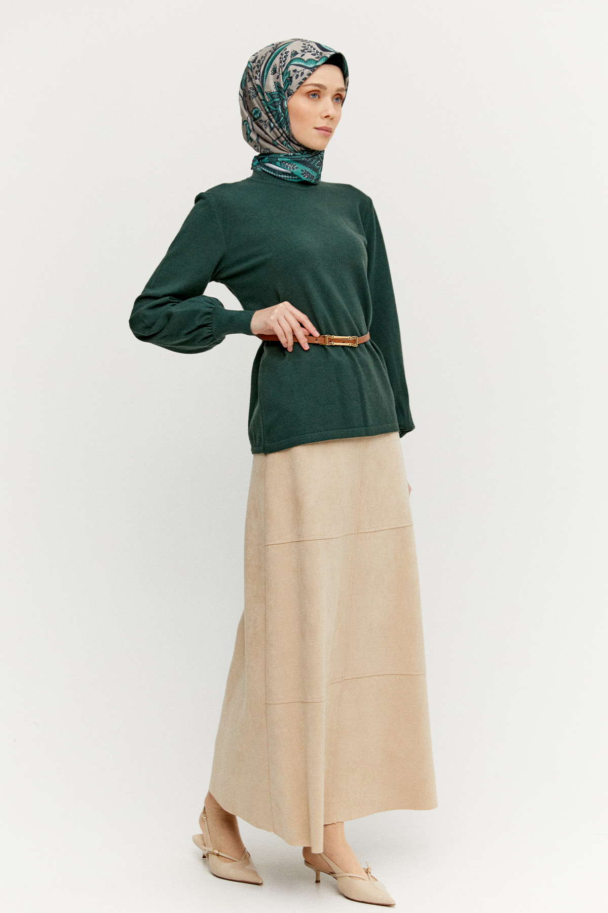 Kemerli Bisiklet Yaka Triko Bluz, Tesettür Giyim