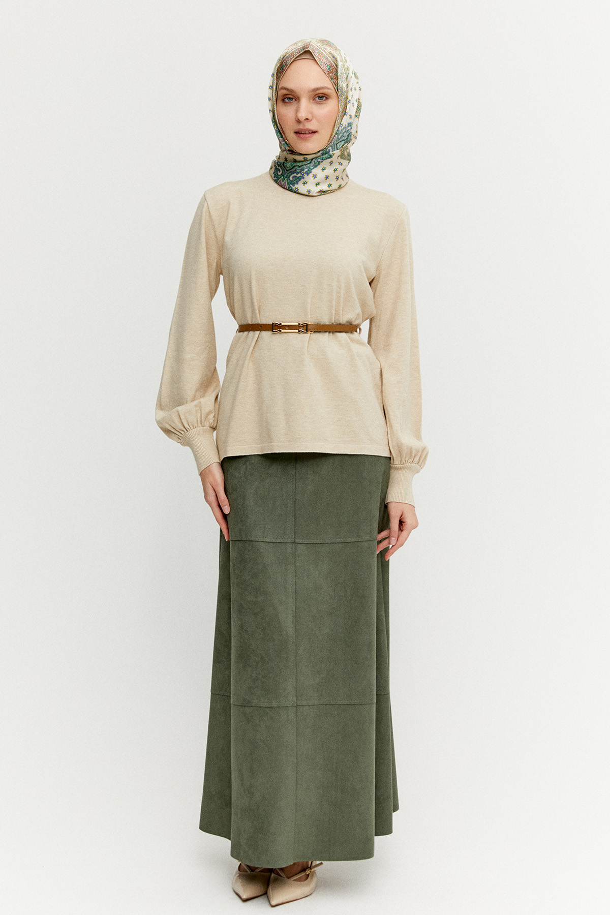 Kemerli Bisiklet Yaka Triko Bluz, Tesettür Giyim