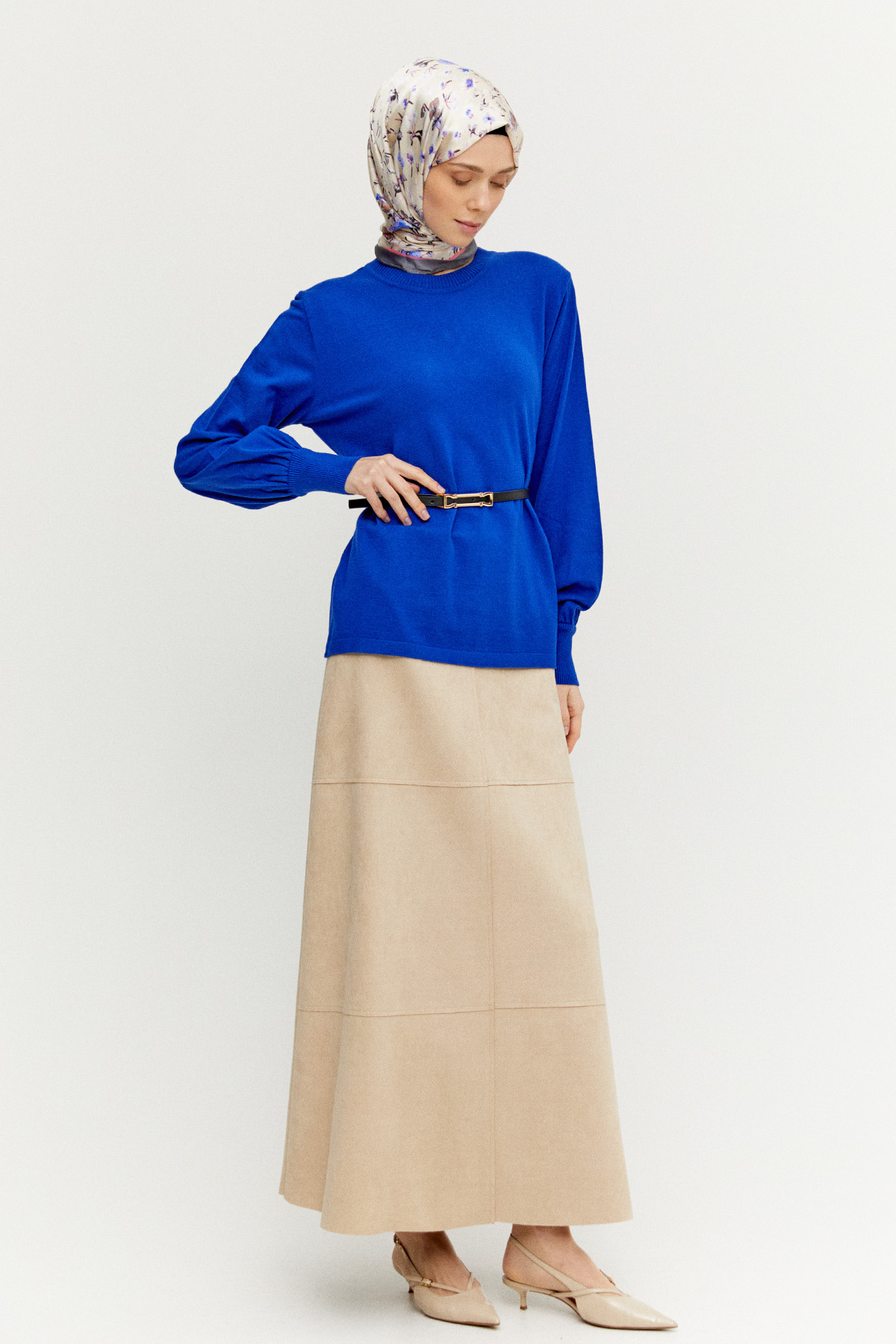 Kemerli Bisiklet Yaka Triko Bluz, Tesettür Giyim