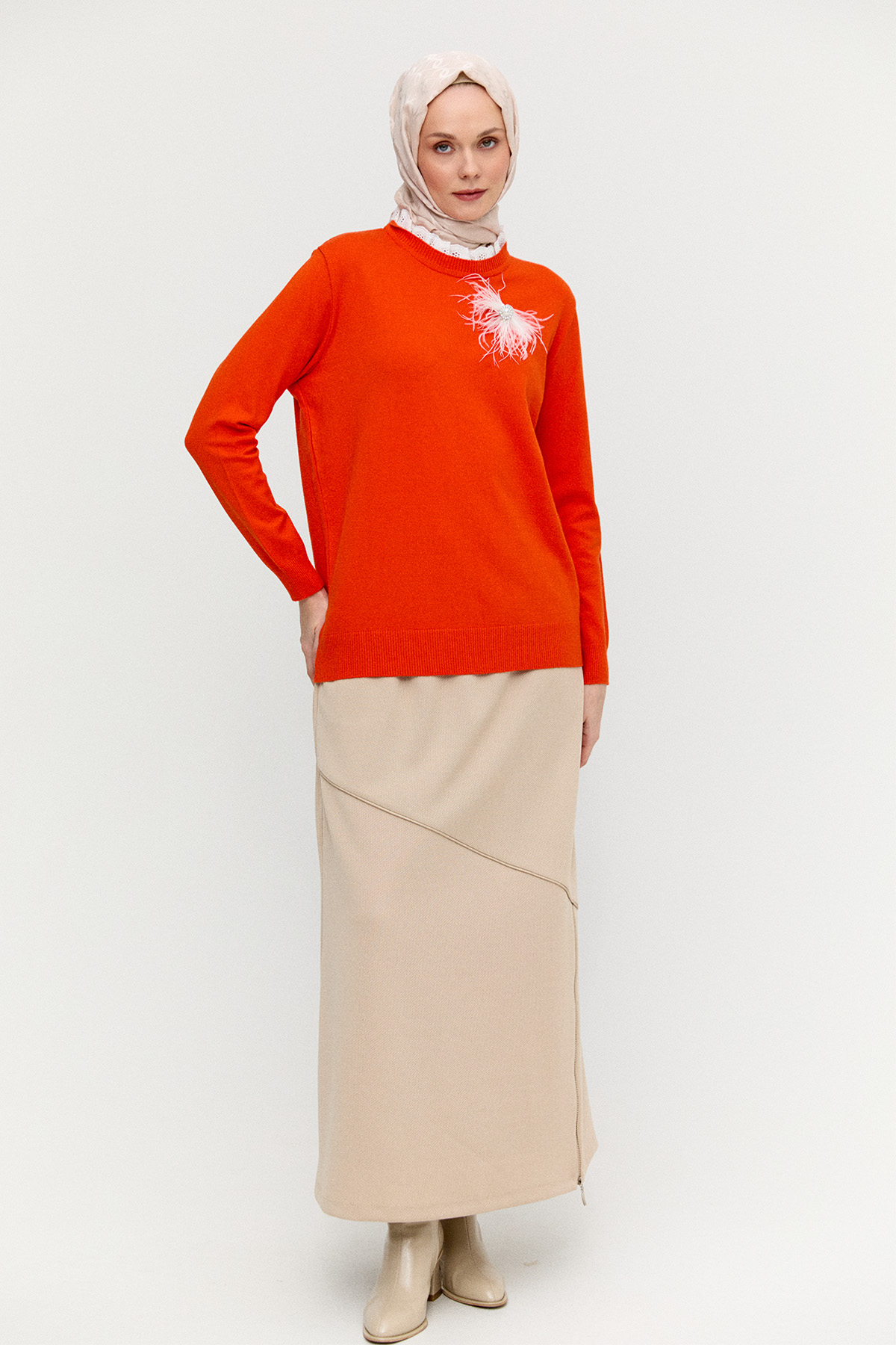 Otriş Taş Broşlu Fistolu Triko Bluz, Tesettür Giyim