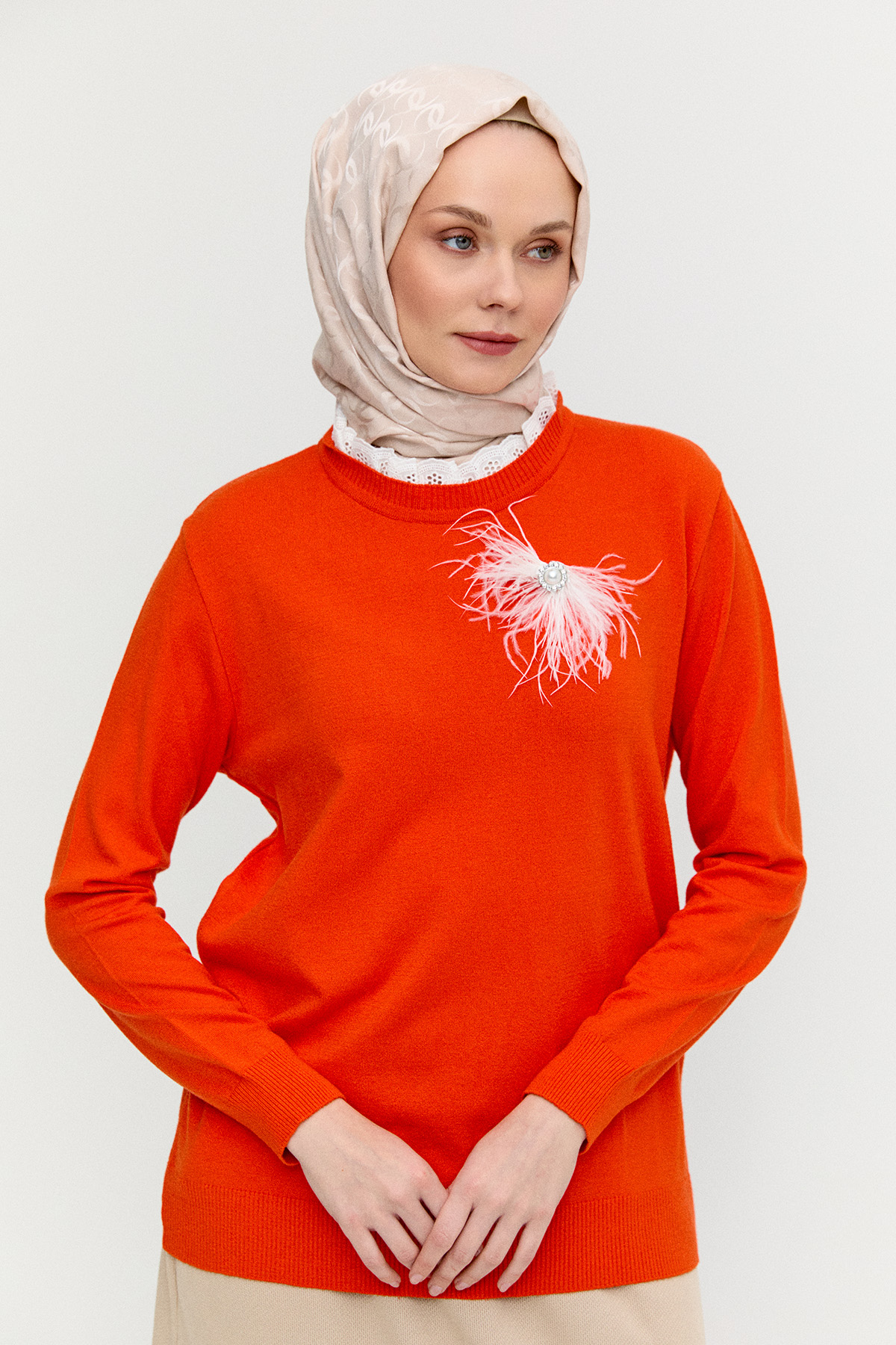 Otriş Taş Broşlu Fistolu Triko Bluz, Tesettür Giyim