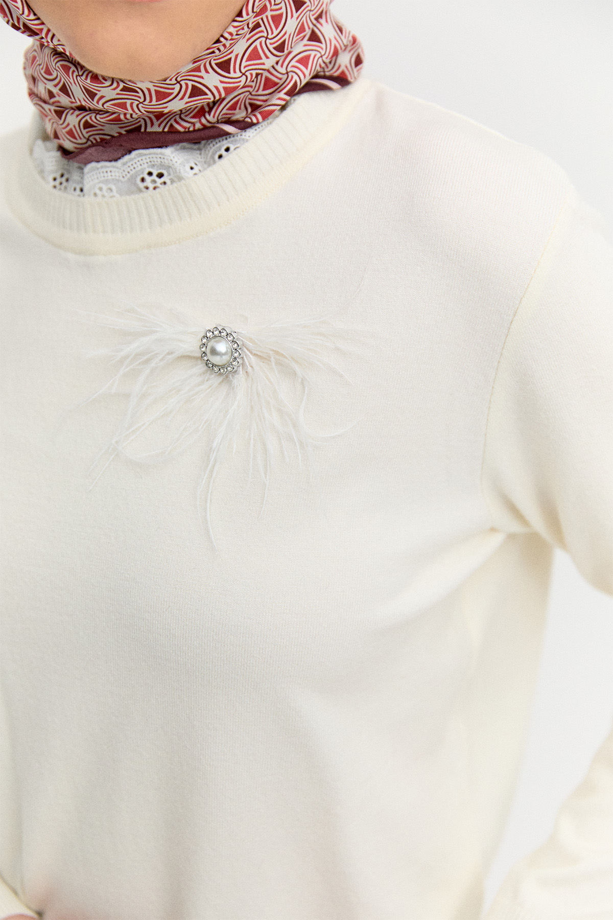 Otriş Taş Broşlu Fistolu Triko Bluz, Tesettür Giyim