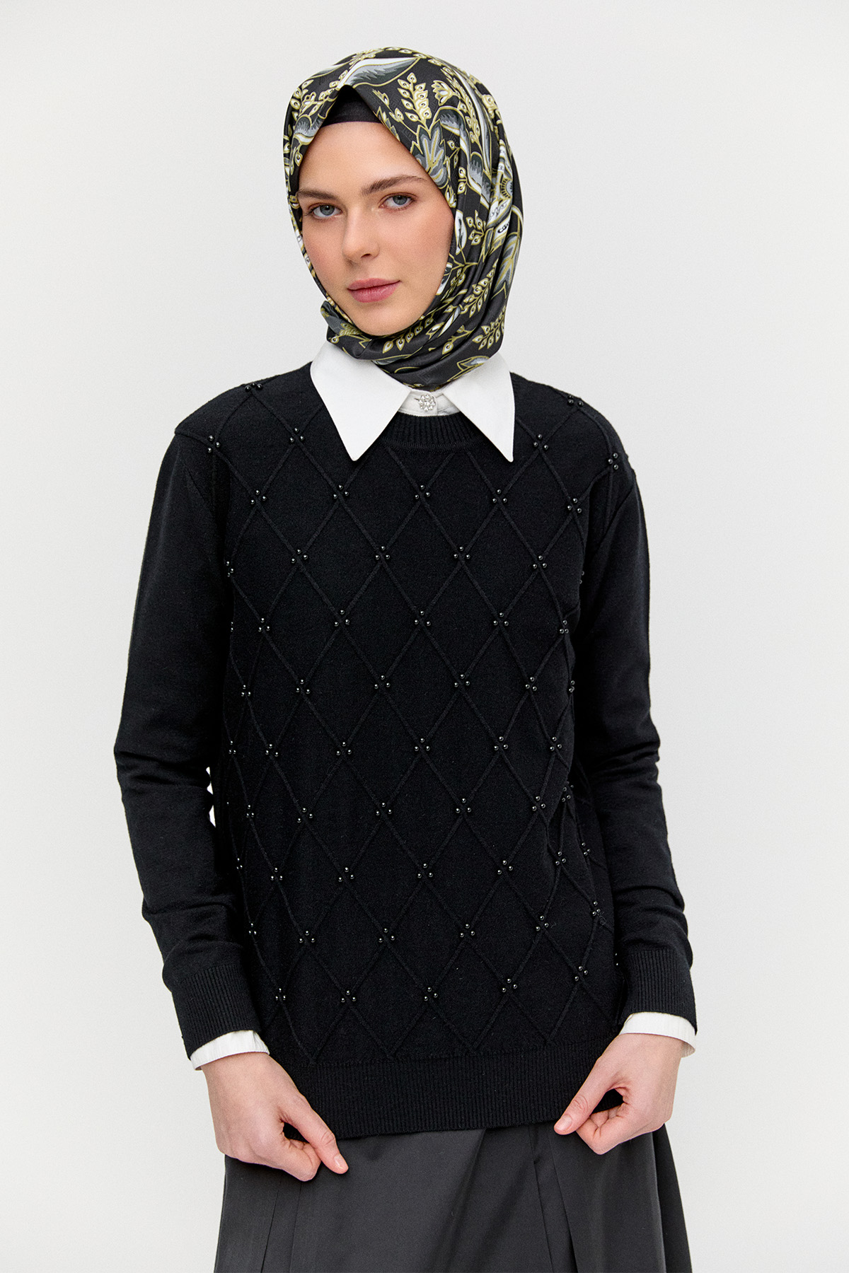 Taş Detaylı Baklava Desenli Triko Bluz, Tesettür Giyim