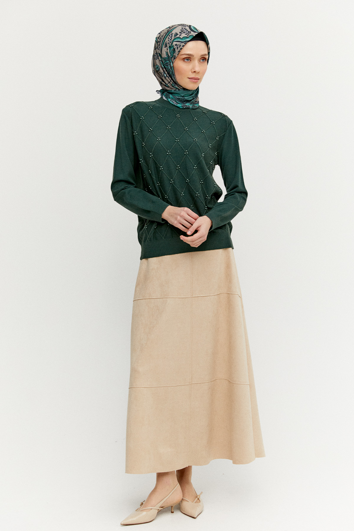 Taş Detaylı Baklava Desenli Triko Bluz