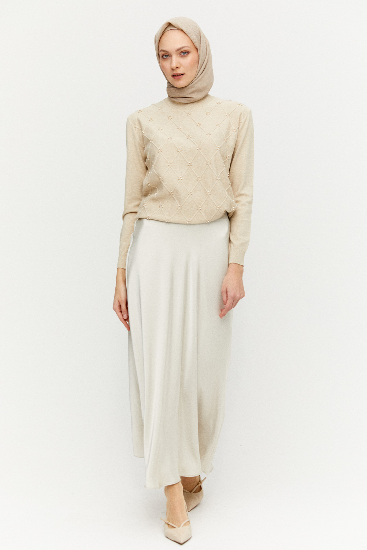 Taş Detaylı Baklava Desenli Triko Bluz