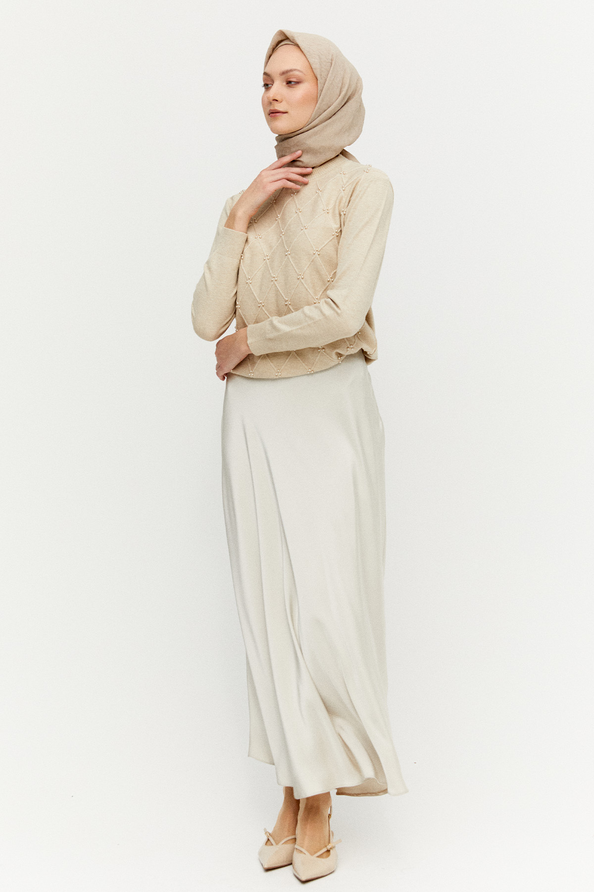 Taş Detaylı Baklava Desenli Triko Bluz