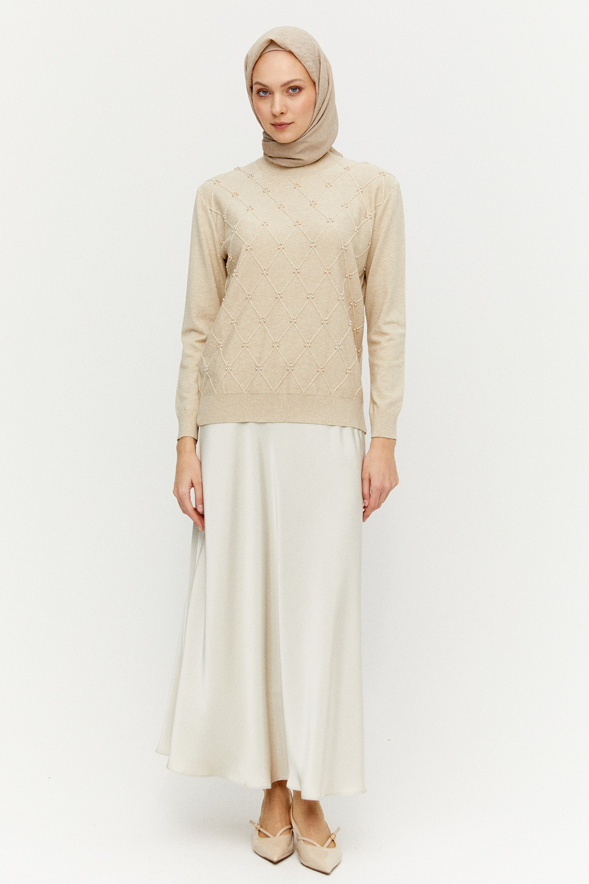 Taş Detaylı Baklava Desenli Triko Bluz