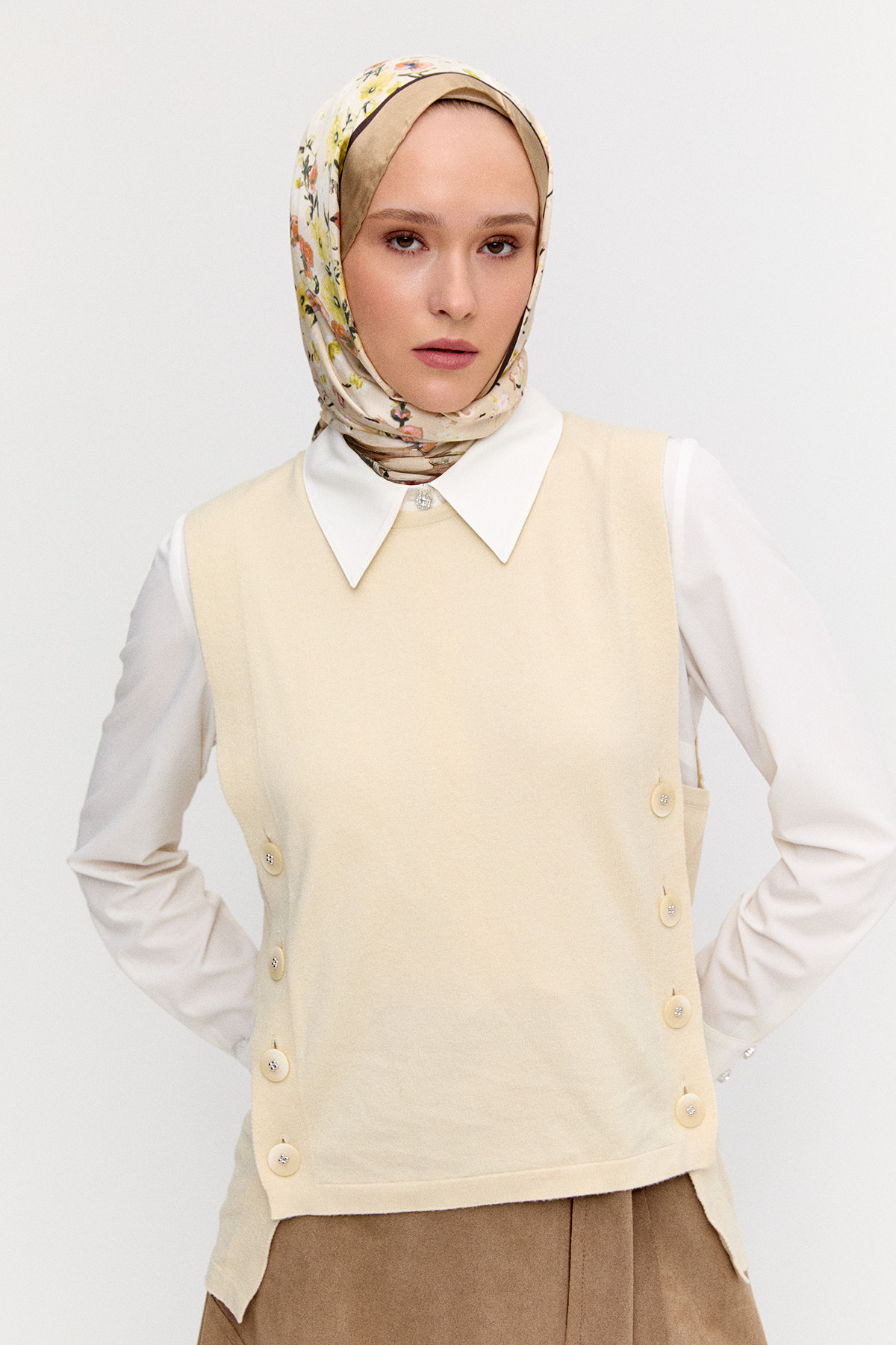 Düğme Detaylı Triko Bluz, Tesettür Giyim