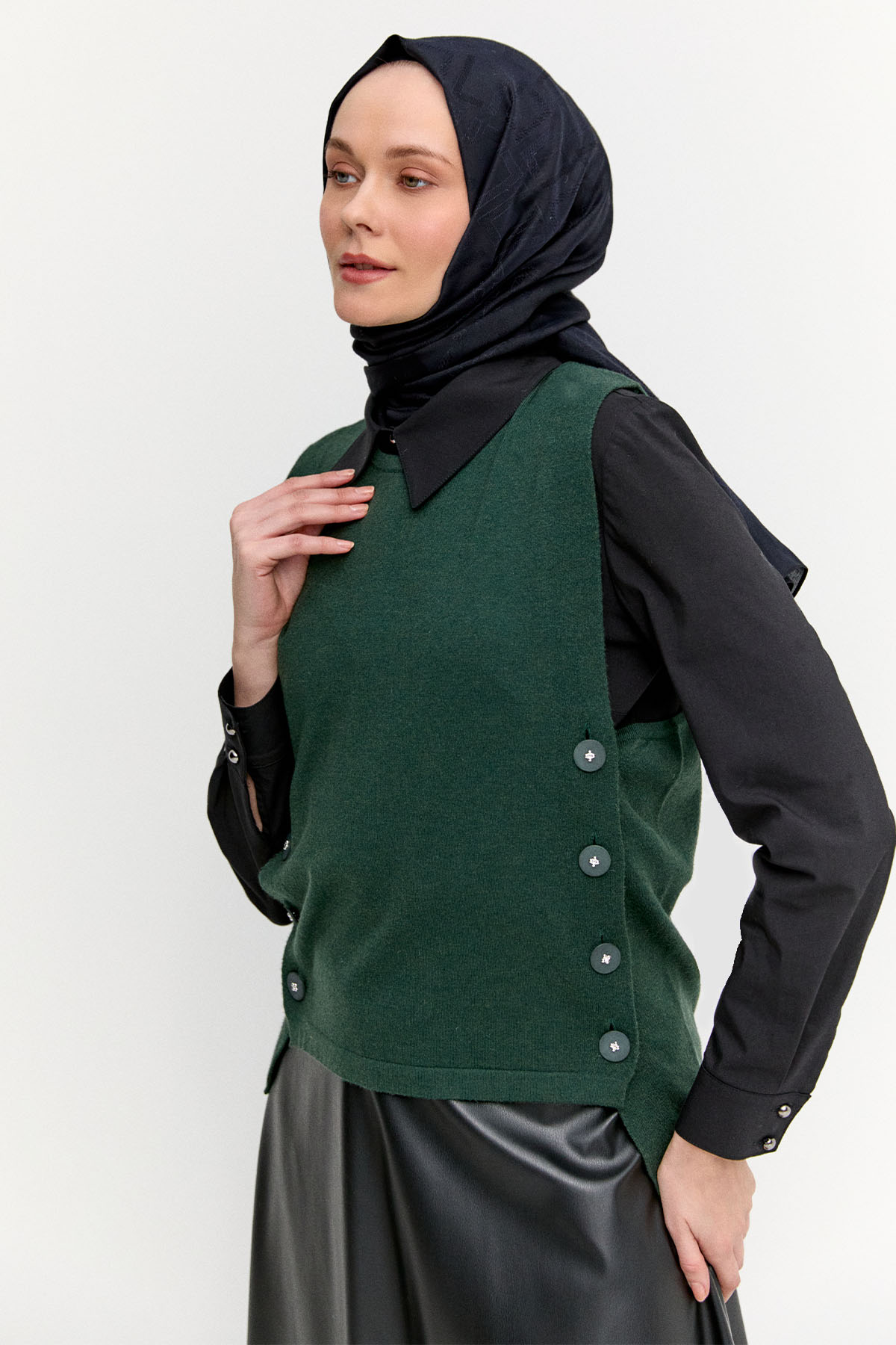 Düğme Detaylı Triko Bluz, Tesettür Giyim