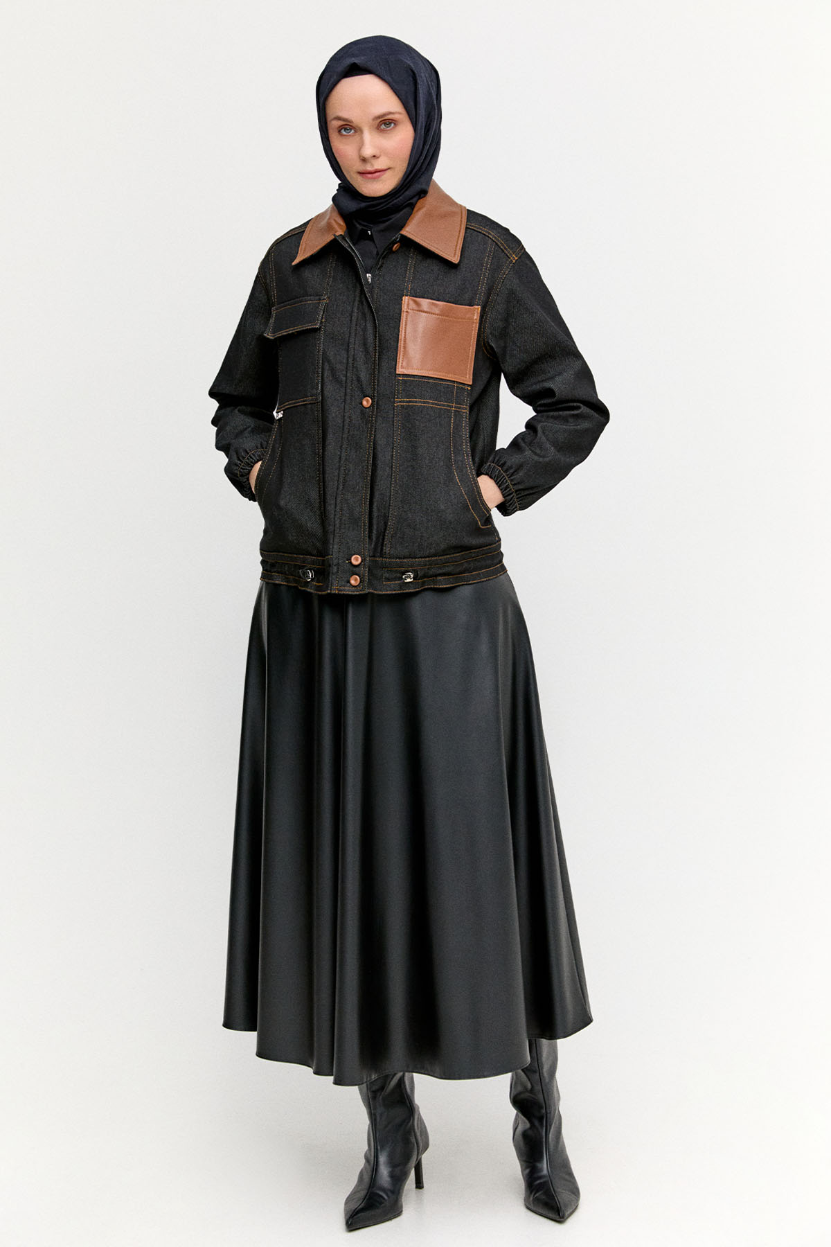 Spor Dikişli Pamuklu Denim Ceket, Tesettür Giyim