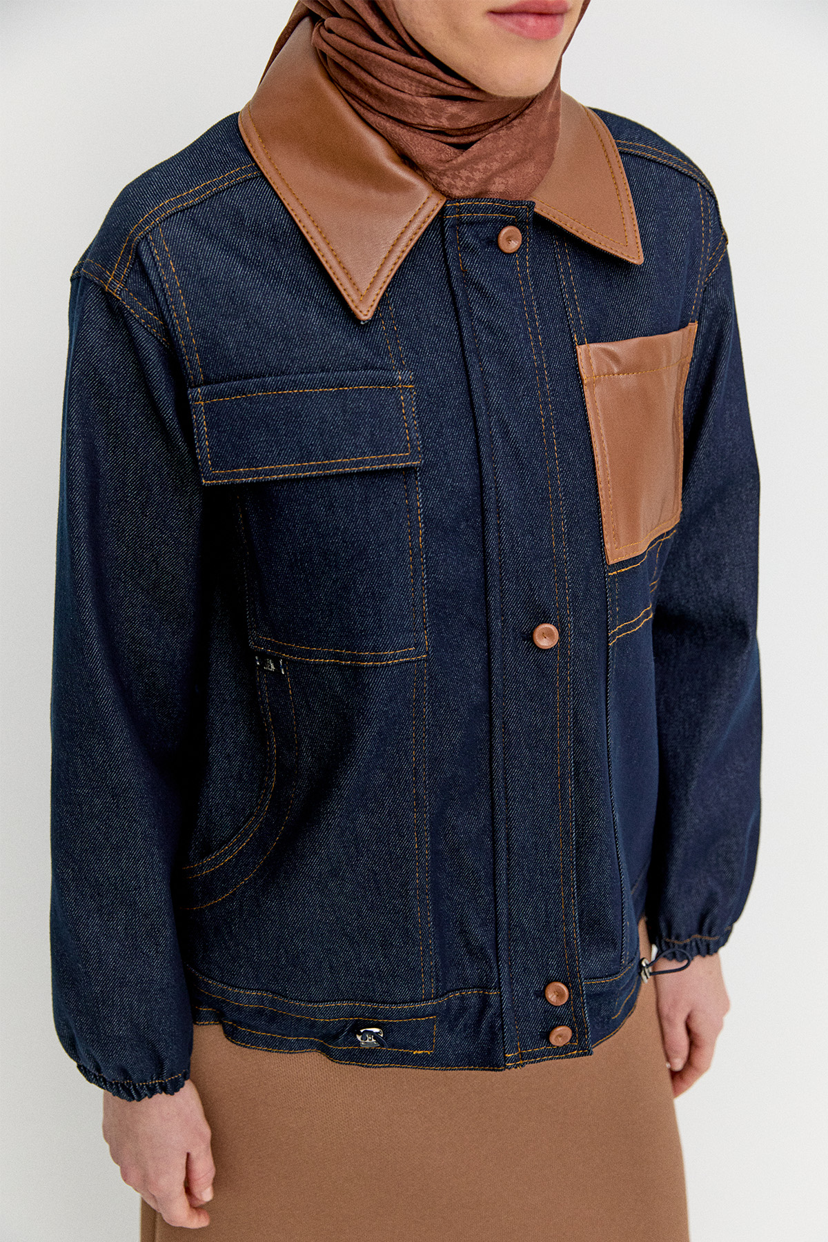 Spor Dikişli Pamuklu Denim Ceket, Tesettür Giyim