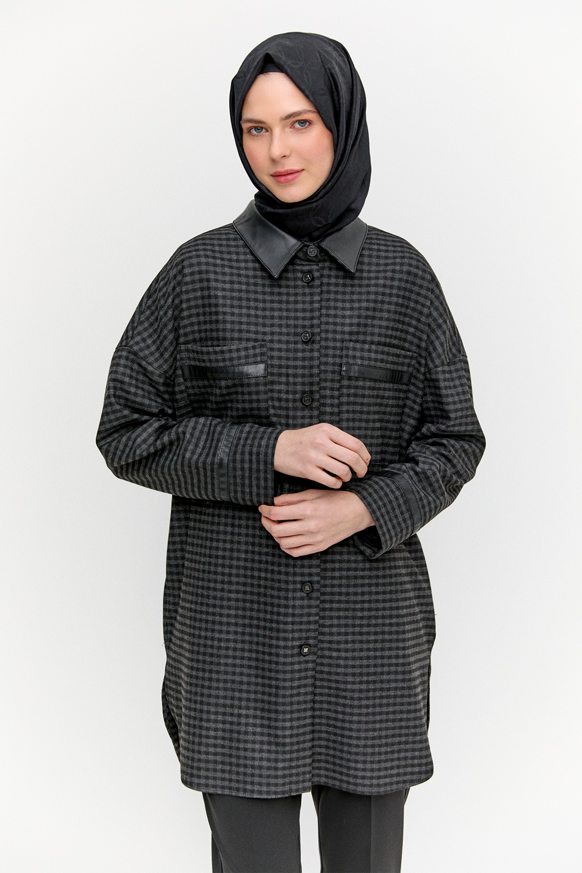 Deri Detaylı Kareli Ceket, Tesettür Giyim