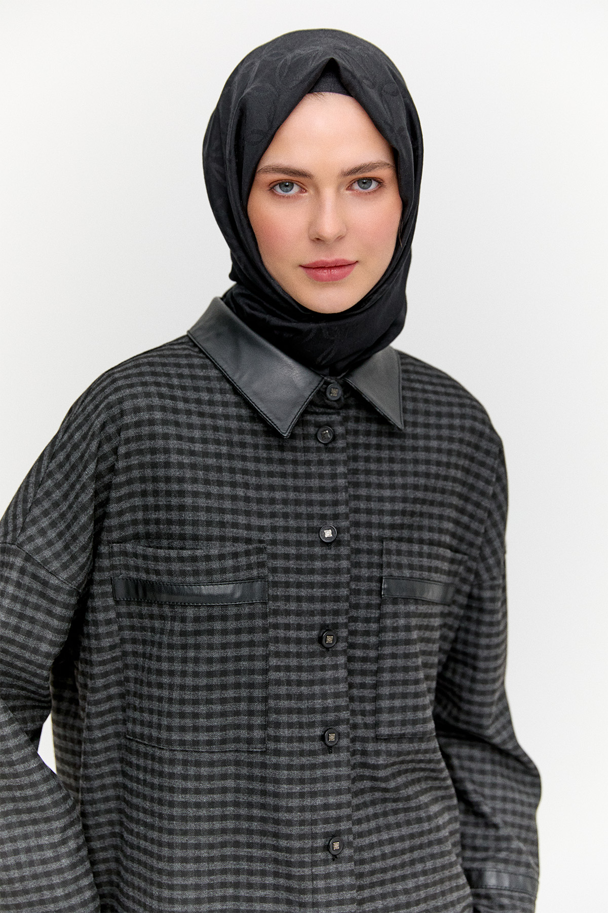 Deri Detaylı Kareli Ceket, Tesettür Giyim