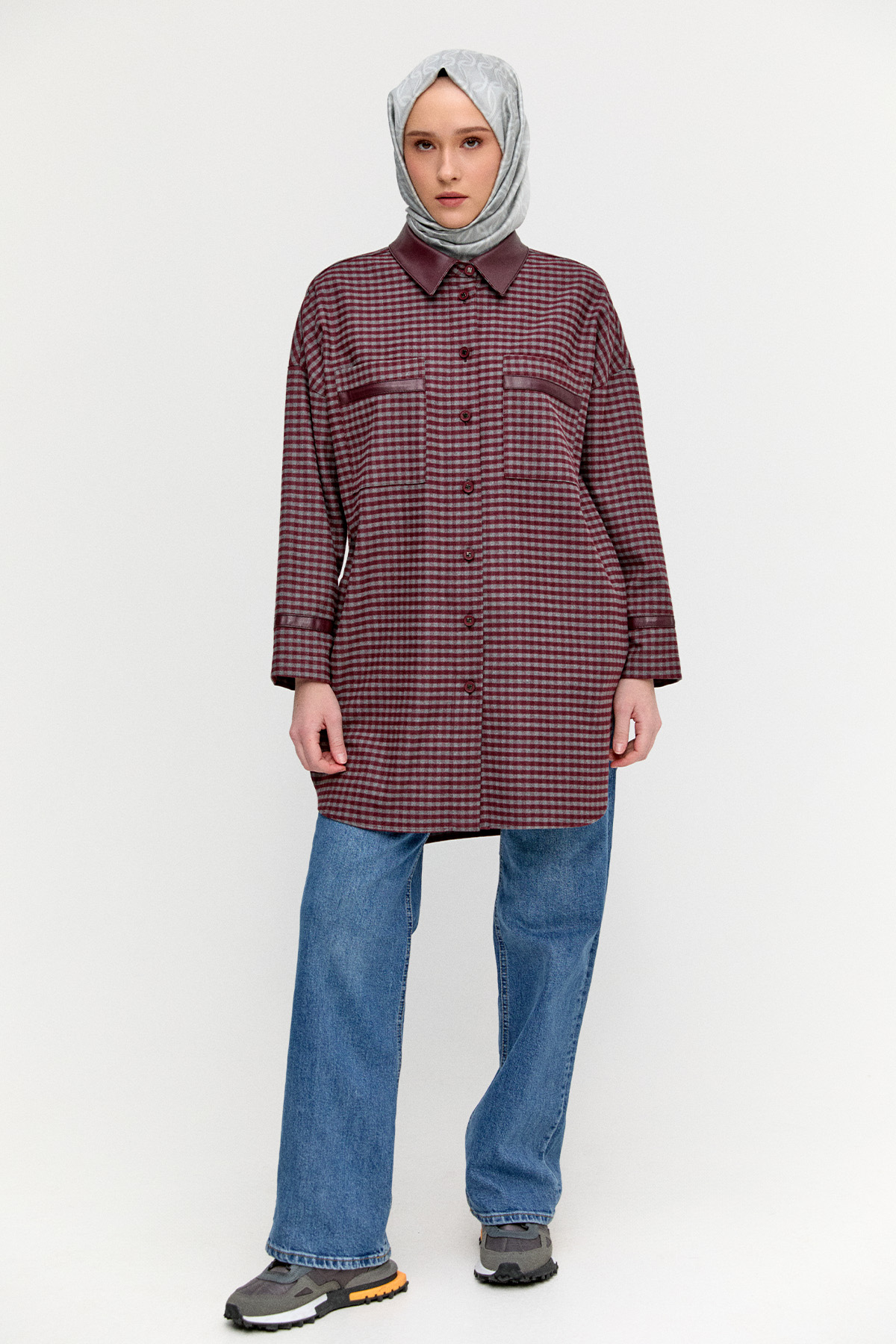 Deri Detaylı Kareli Ceket, Tesettür Giyim