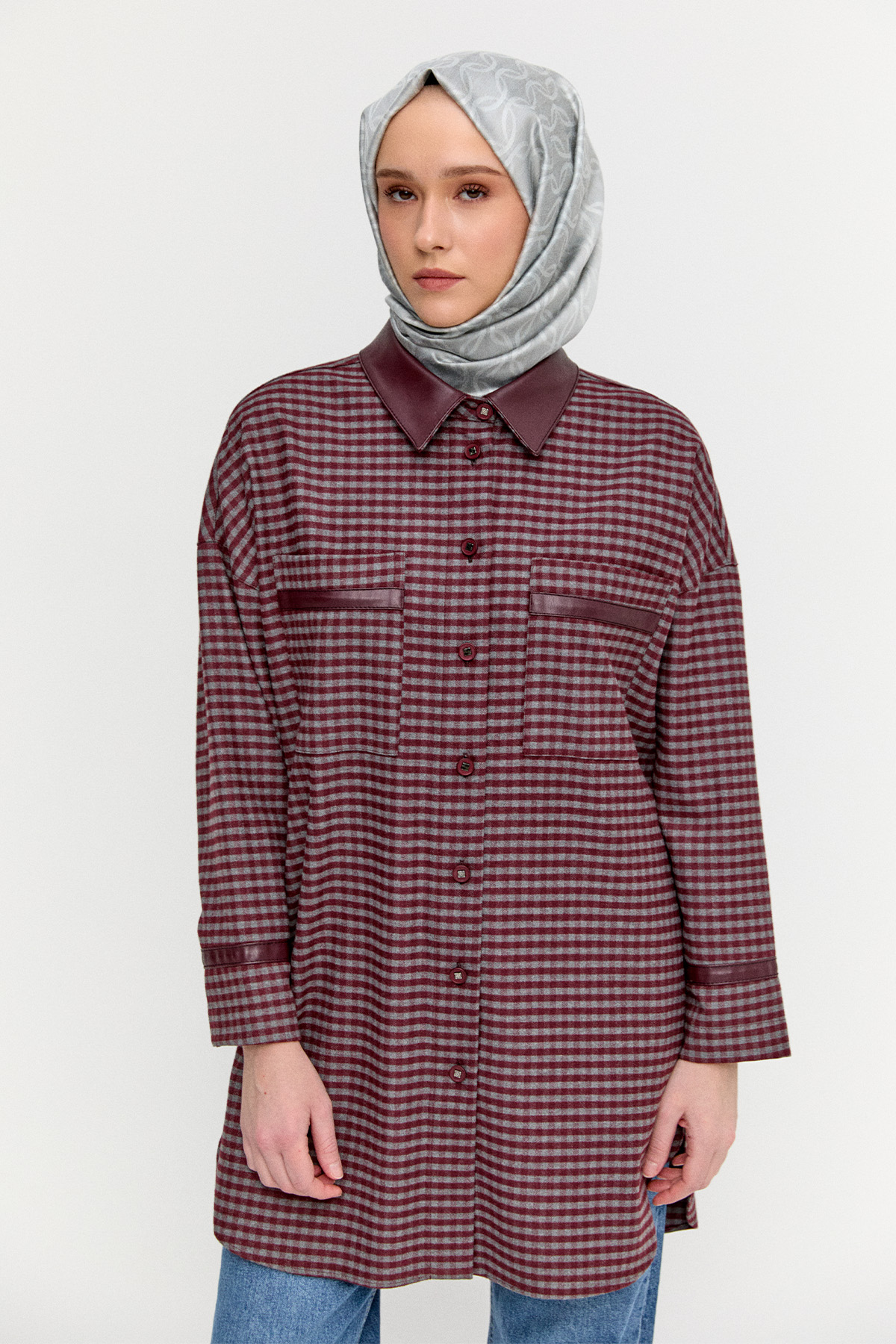 Deri Detaylı Kareli Ceket, Tesettür Giyim