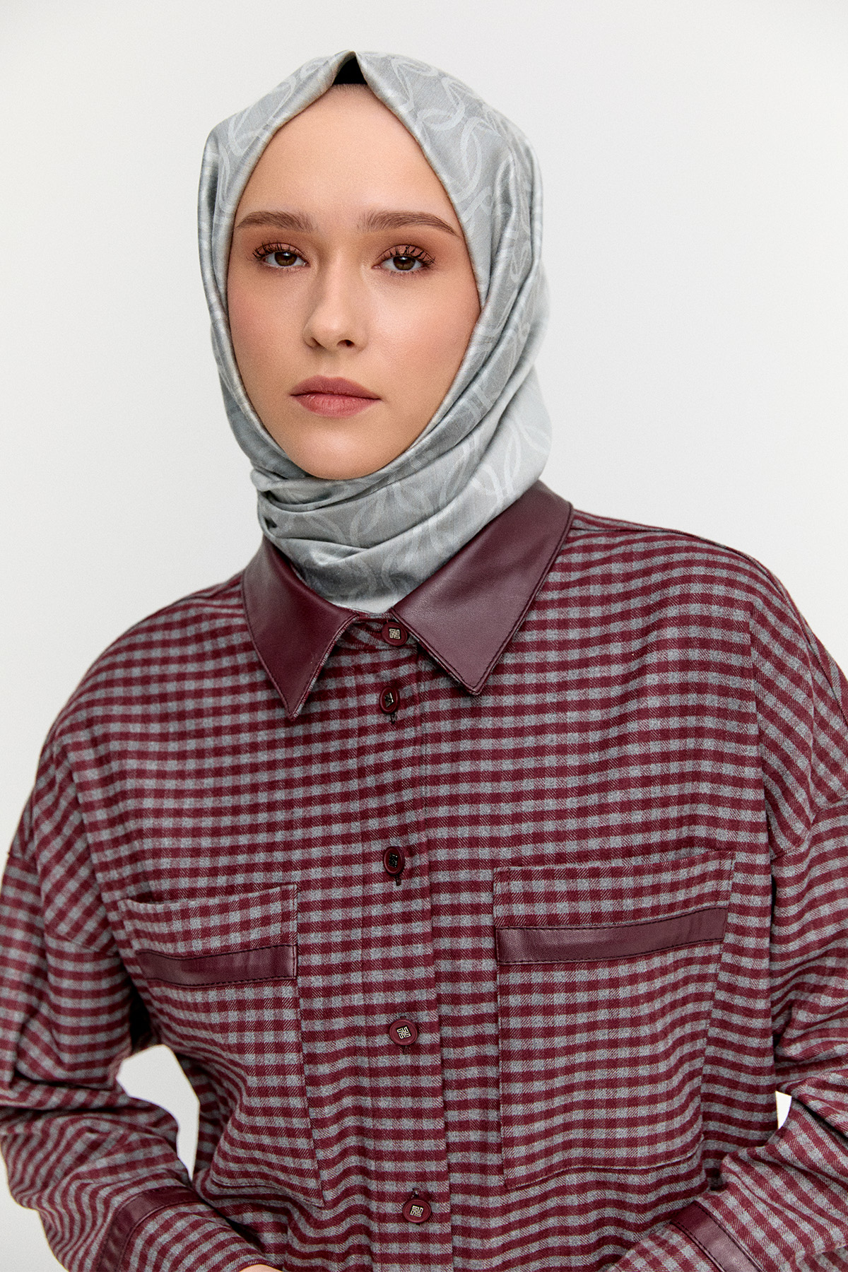 Deri Detaylı Kareli Ceket, Tesettür Giyim