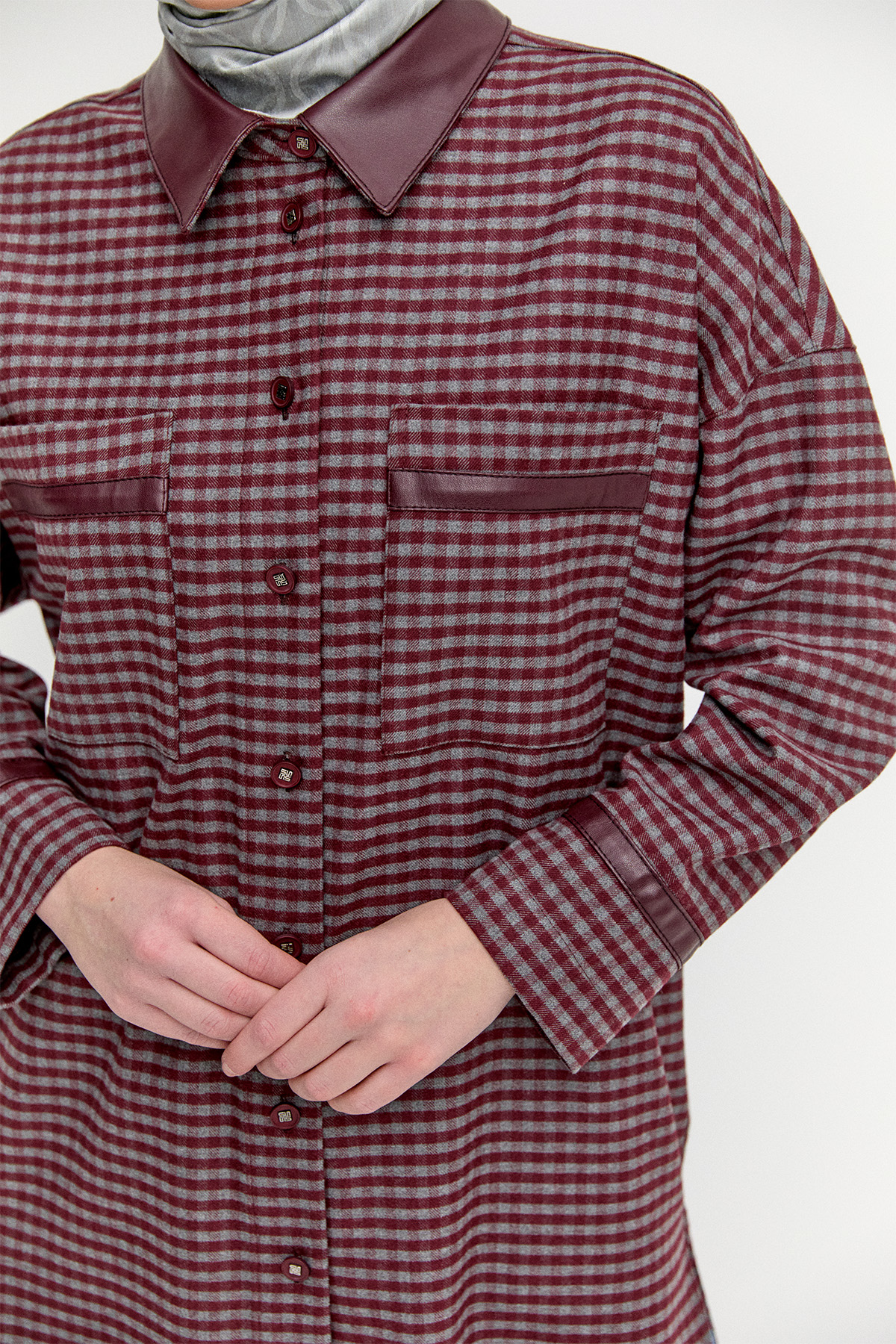 Deri Detaylı Kareli Ceket, Tesettür Giyim