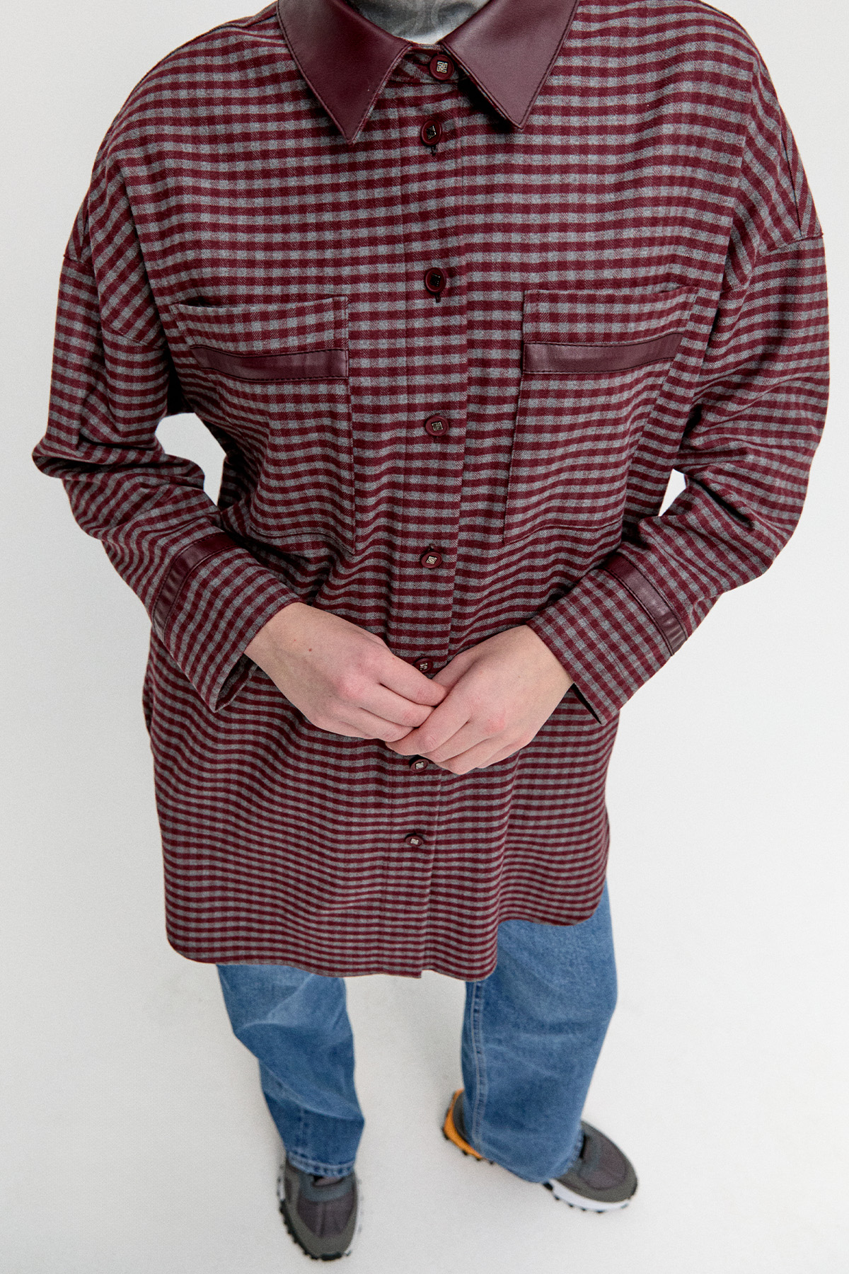 Deri Detaylı Kareli Ceket, Tesettür Giyim