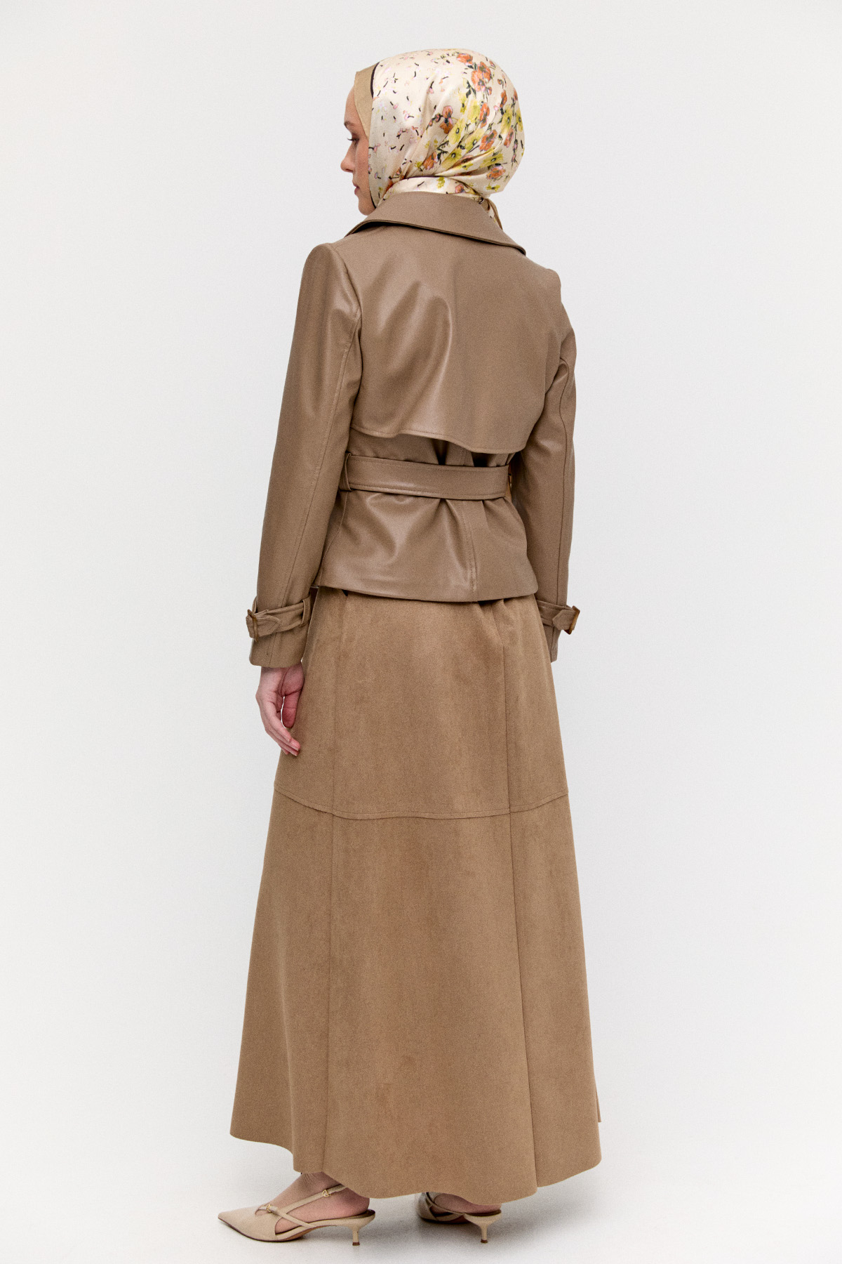 Kruvaze Kemerli Suni Deri Ceket, Tesettür Giyim