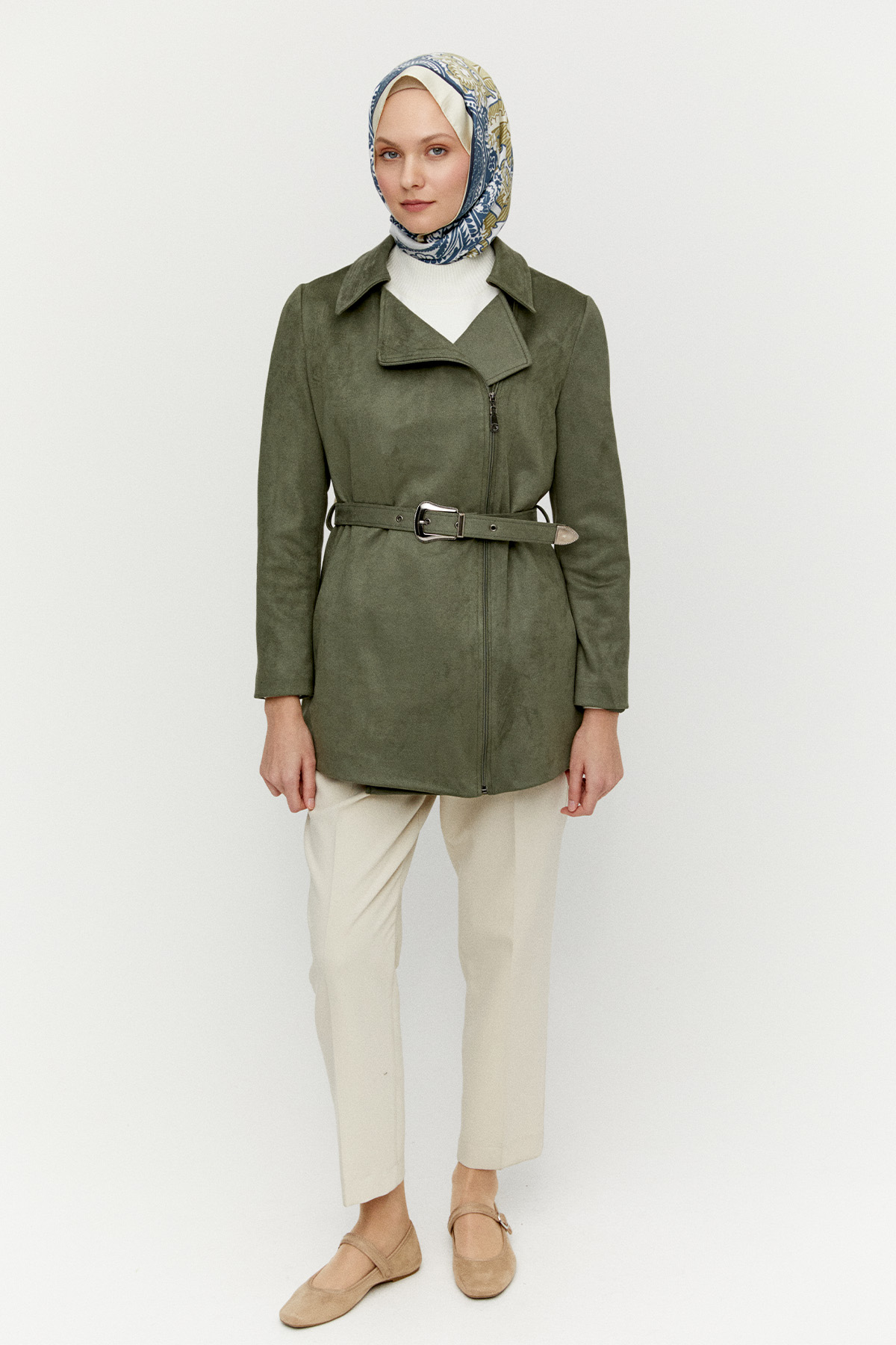 Kruvaze Fermuarlı Süet Görünümlü Kemerli Ceket