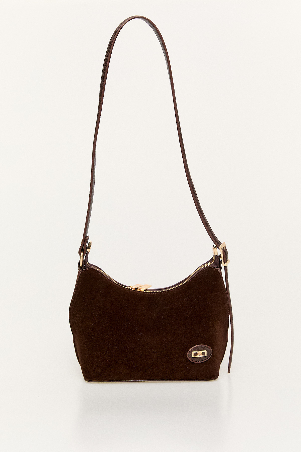 Süet Görünümlü Oval Form Omuz Çantası