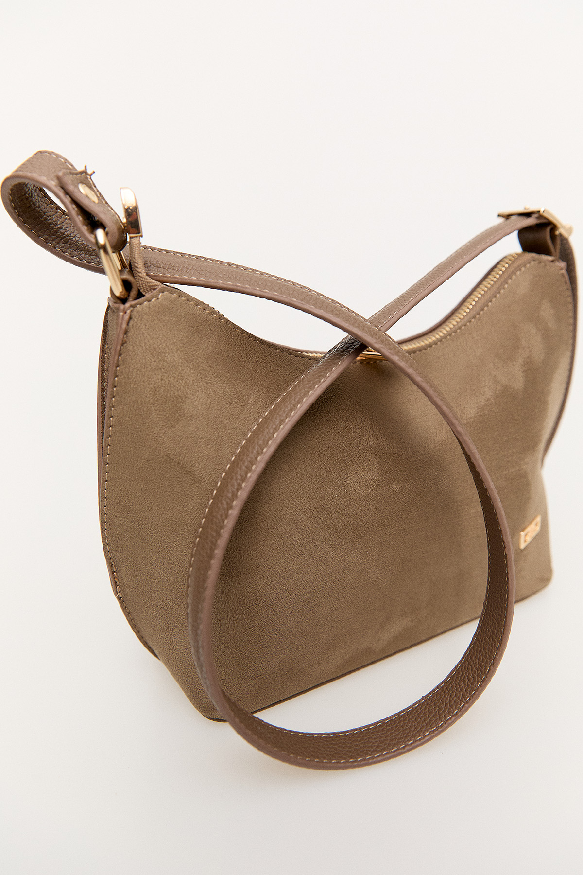 Süet Görünümlü Oval Form Omuz Çantası