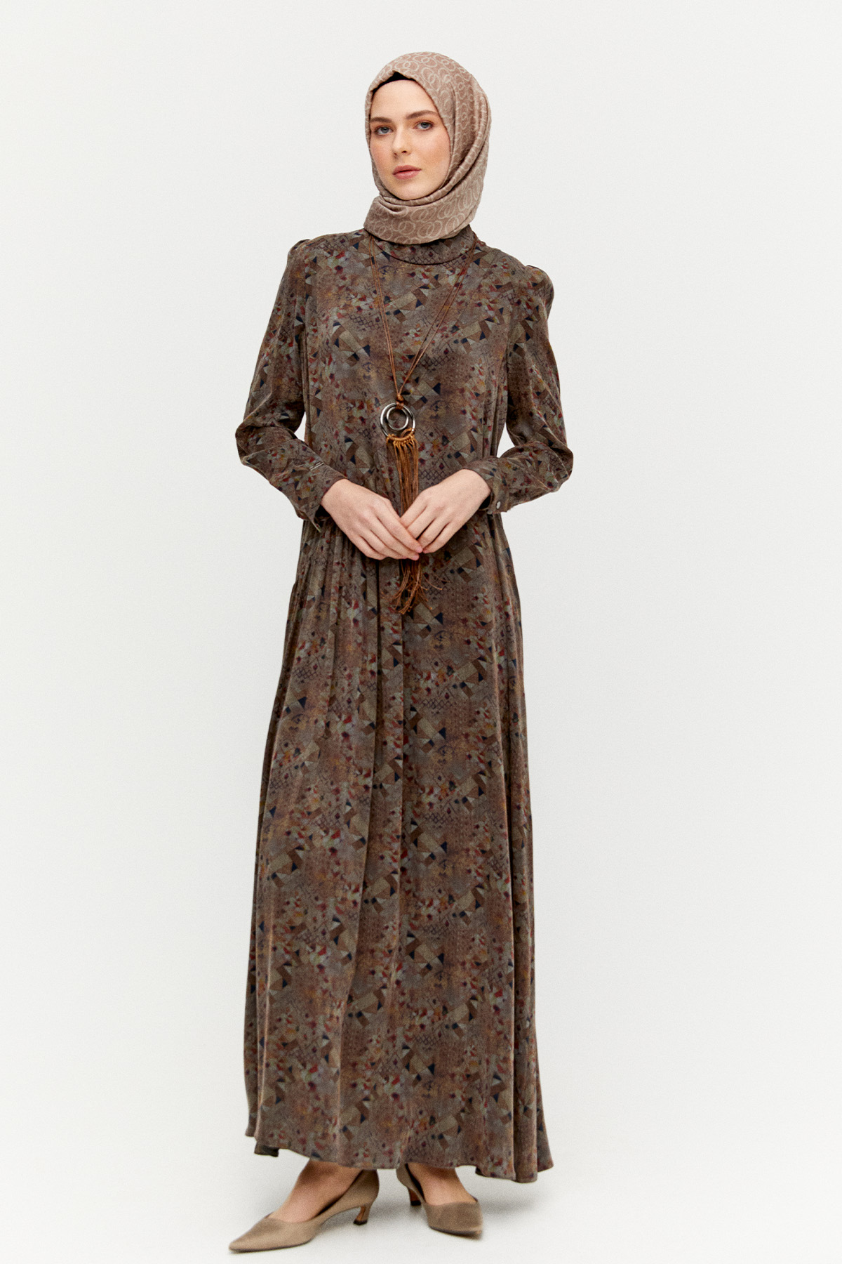 Etnik Desenli Büzgü Elbise