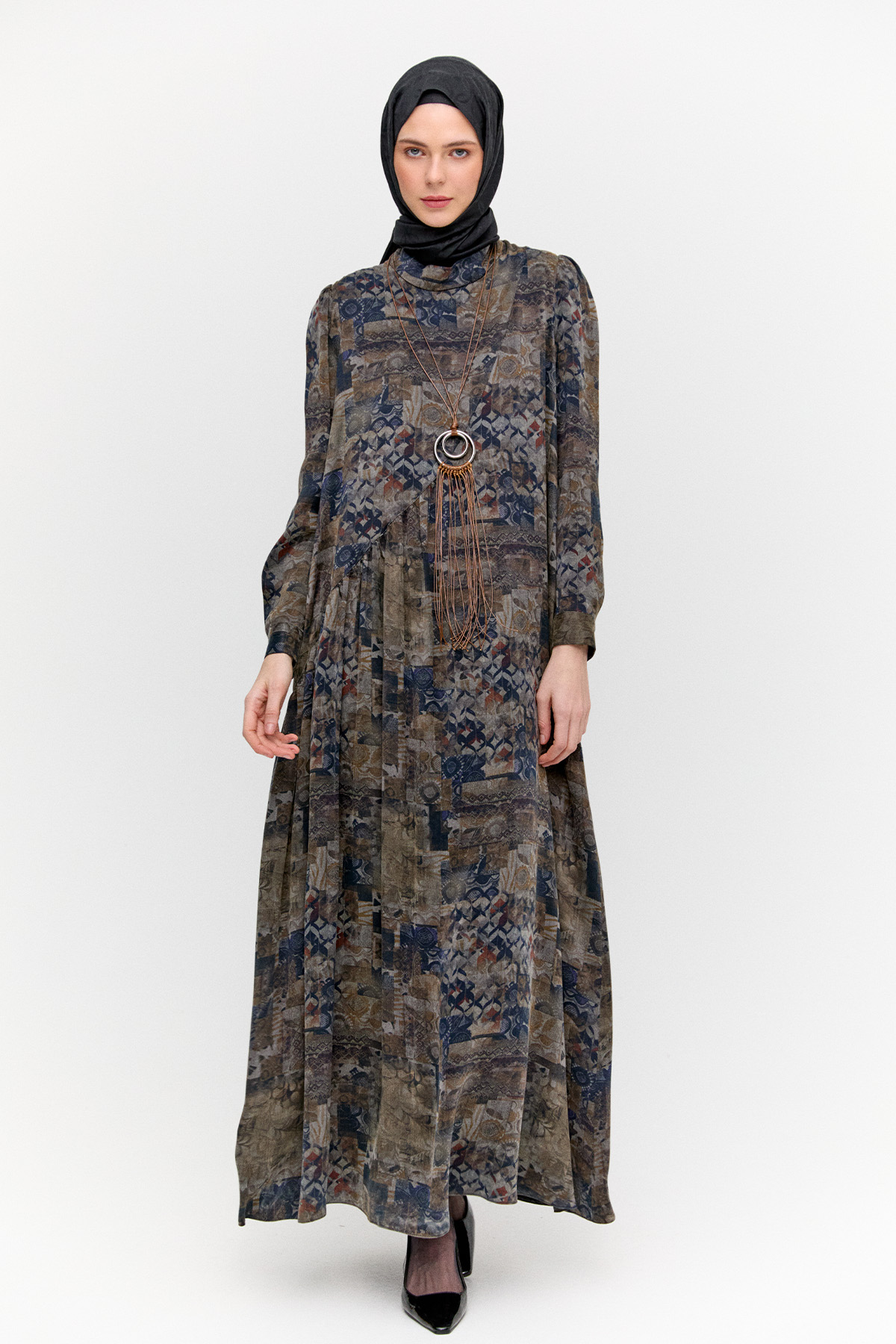 Etnik Desenli Büzgü Elbise, Tesettür Giyim