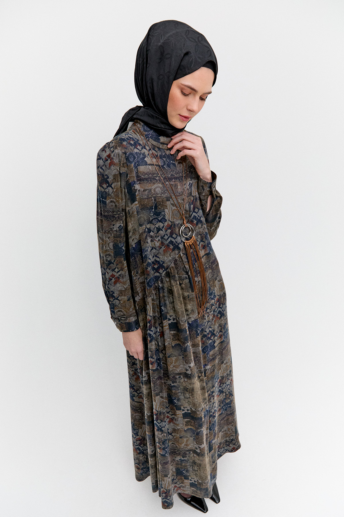 Etnik Desenli Büzgü Elbise, Tesettür Giyim