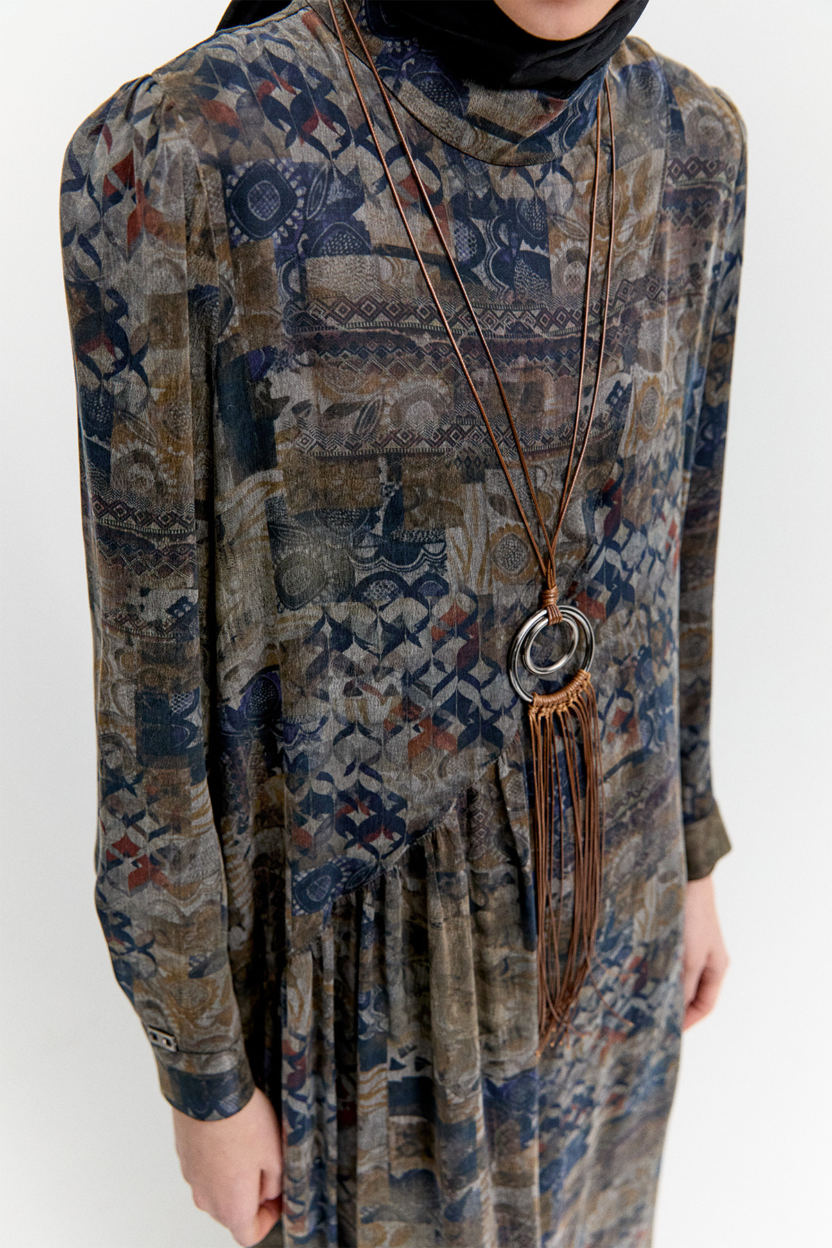 Etnik Desenli Büzgü Elbise, Tesettür Giyim