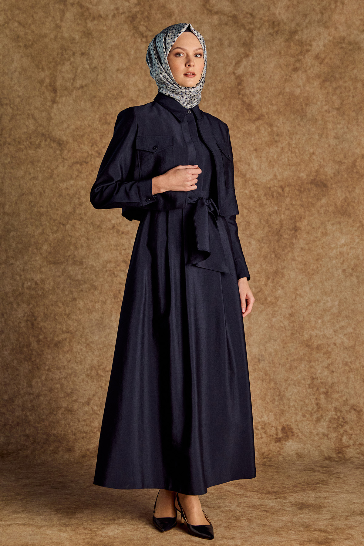 Ceketli Pilikaşe Detaylı Kuşaklı Elbise