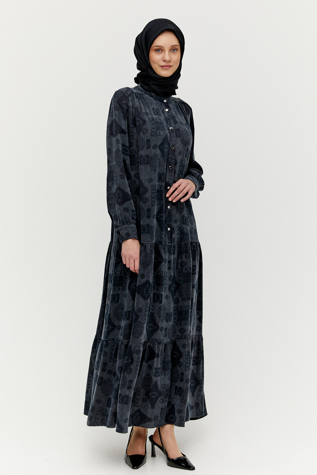 Hakim Yakalı Kuşaklı Katmanlı Elbise