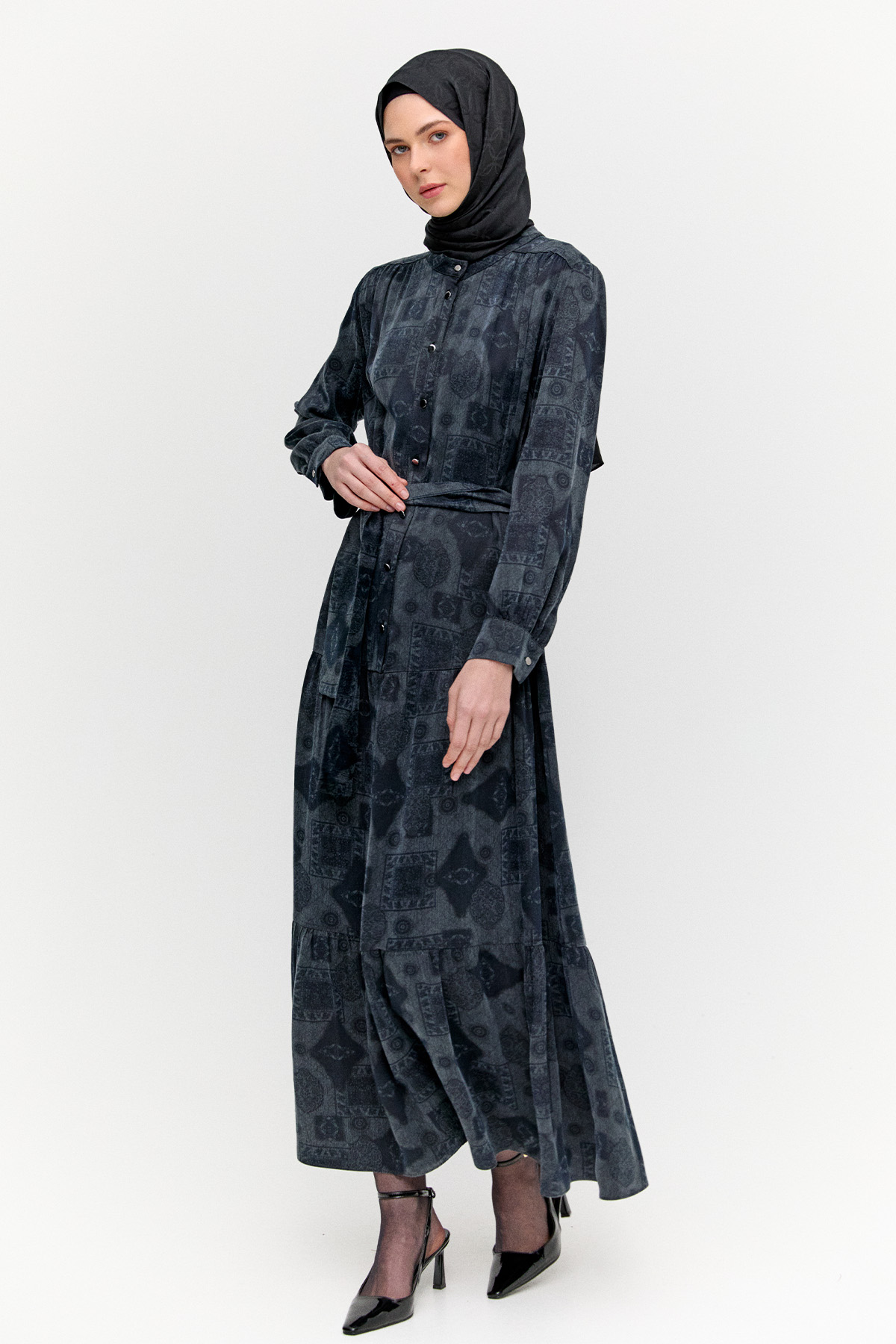 Hakim Yakalı Kuşaklı Katmanlı Elbise, Tesettür Giyim
