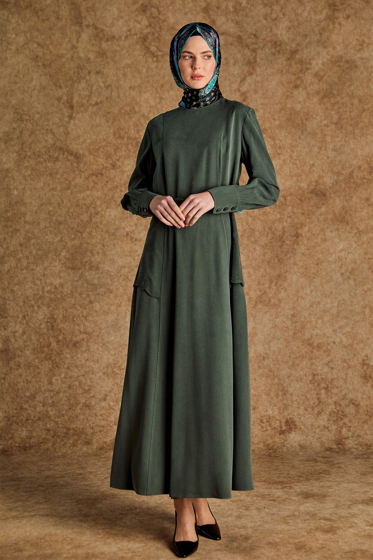 Yakma Desenli Kemerli Elbise