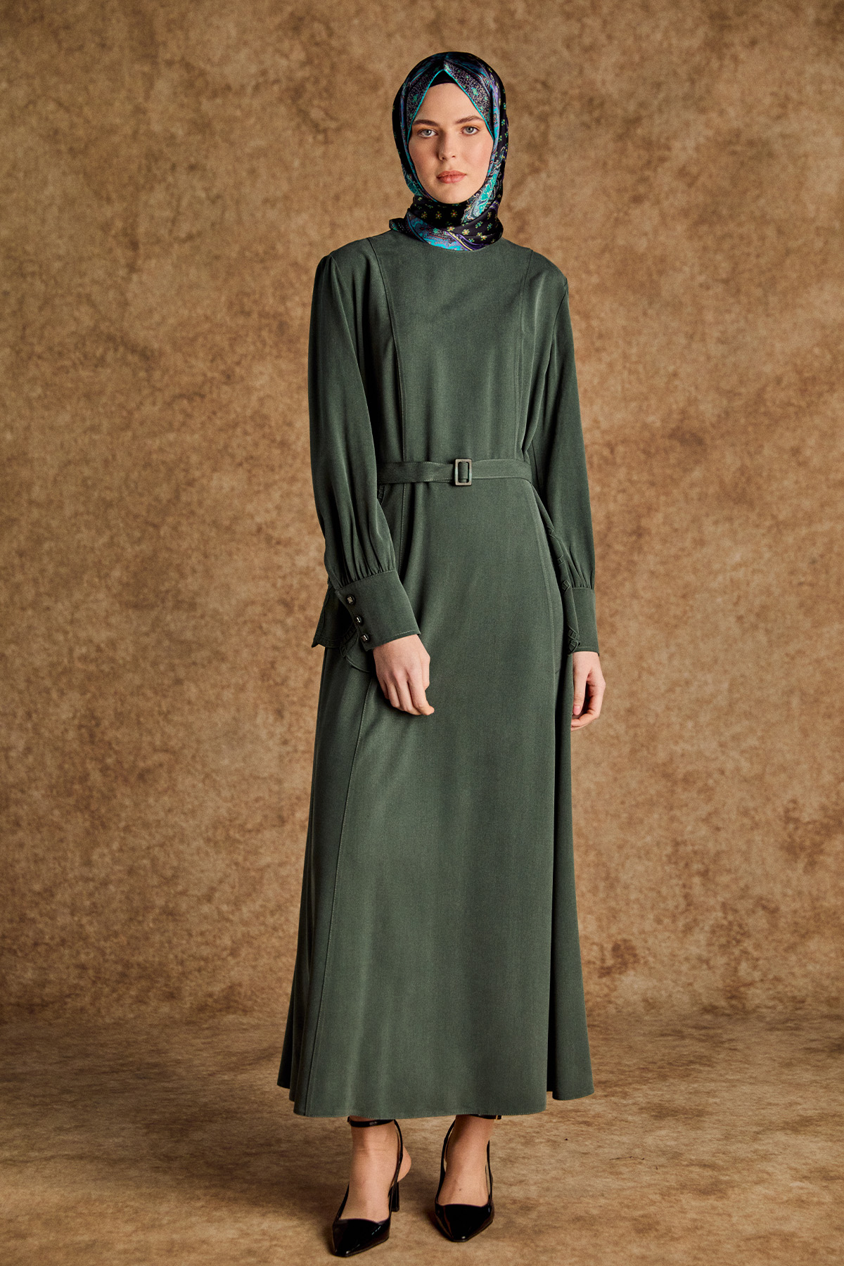 Yakma Desenli Kemerli Elbise