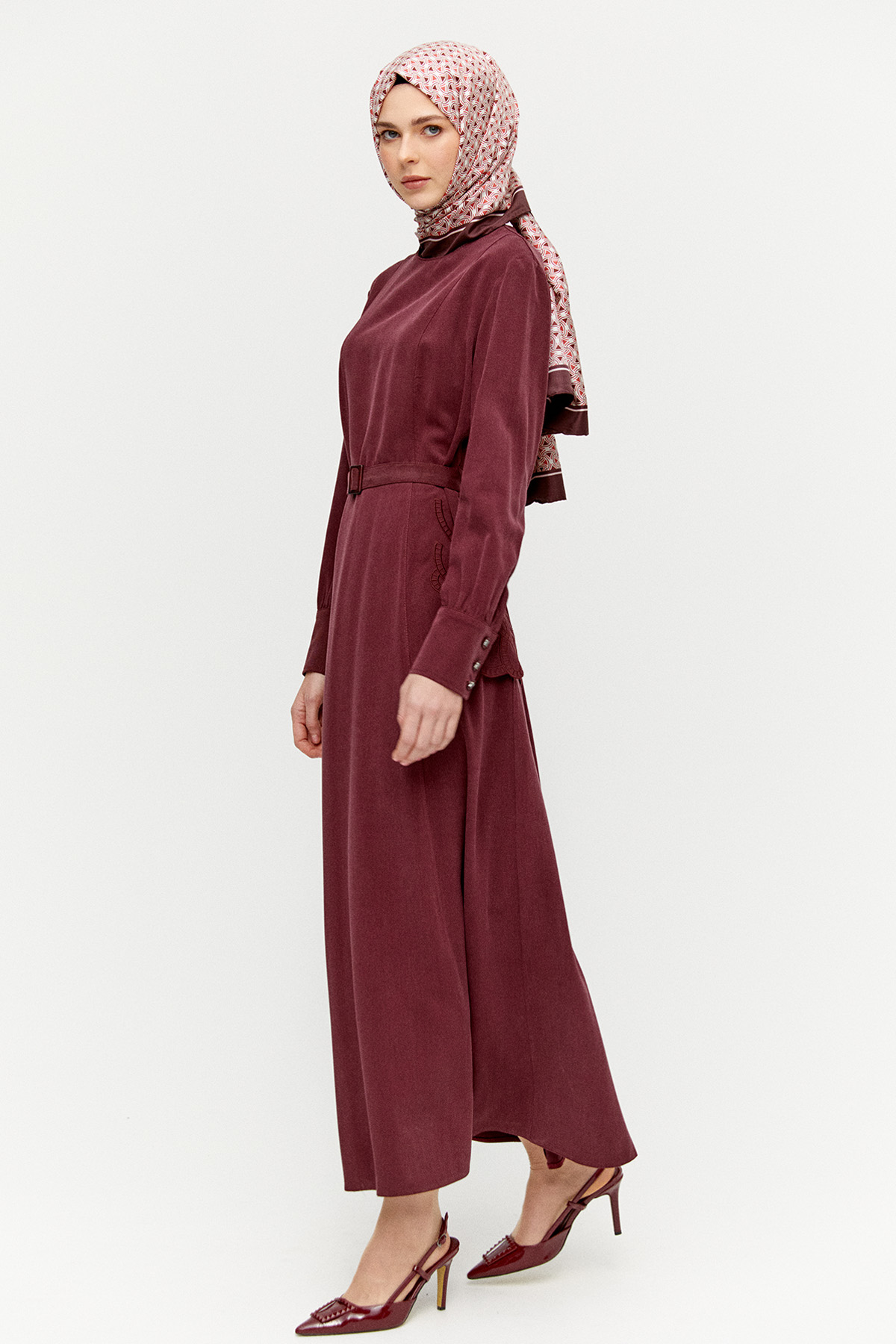 Yakma Desenli Kemerli Elbise