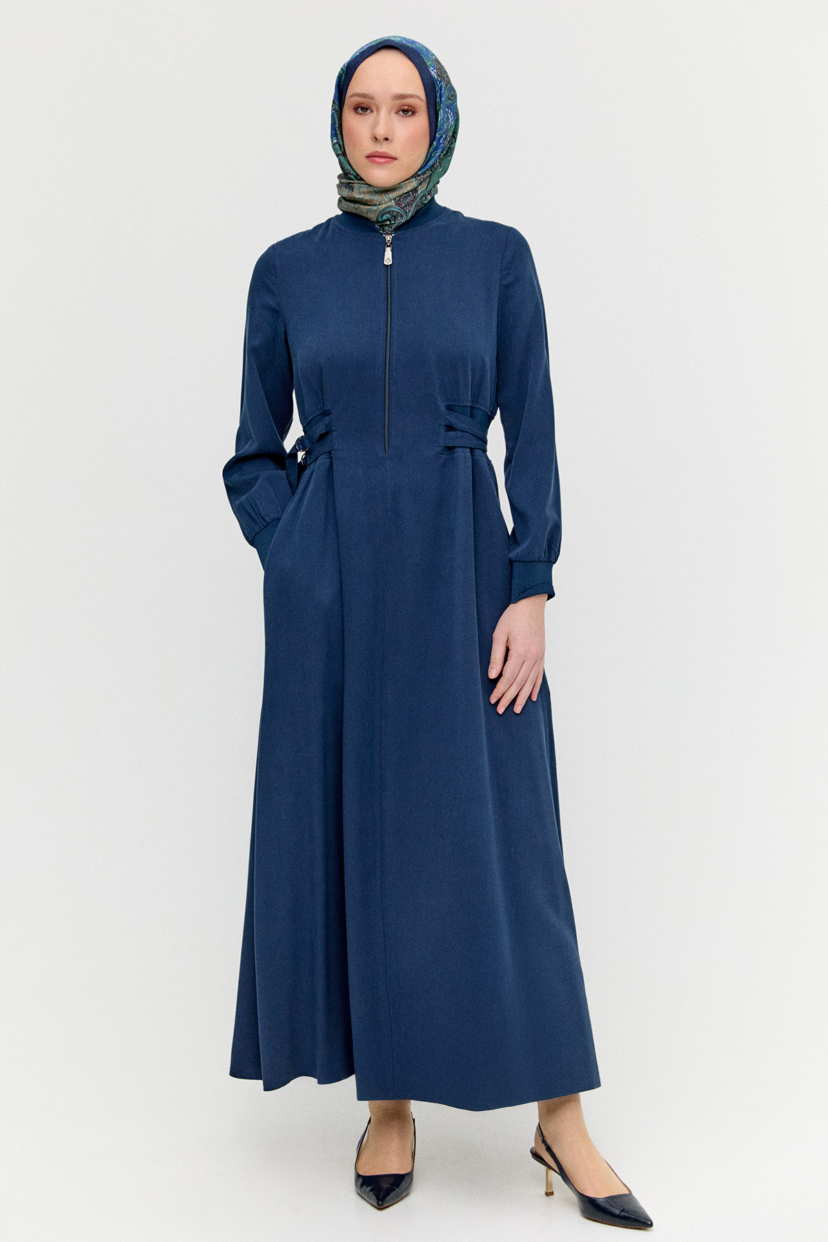 Kemerli Bomber Yakalı Lyocell Elbise, Tesettür Giyim