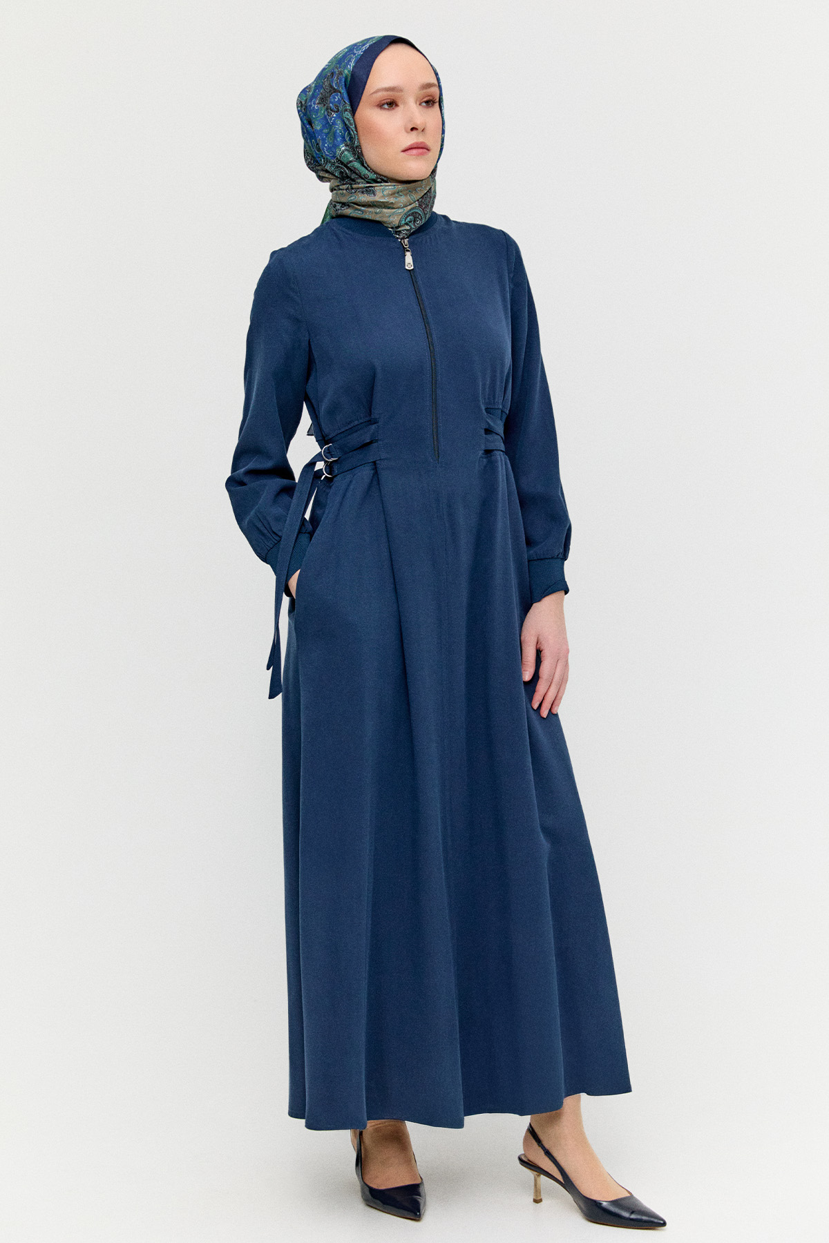 Kemerli Bomber Yakalı Lyocell Elbise, Tesettür Giyim