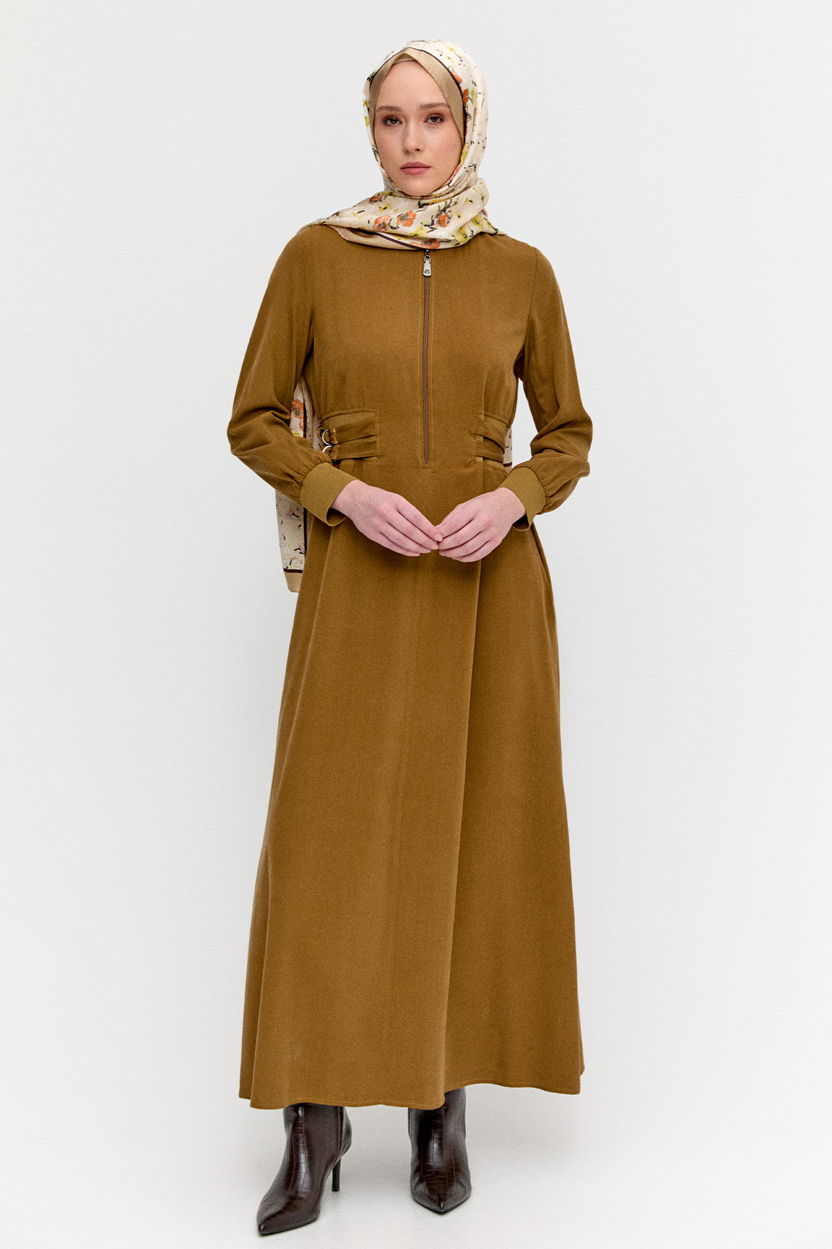 Kemerli Bomber Yakalı Lyocell Elbise, Tesettür Giyim