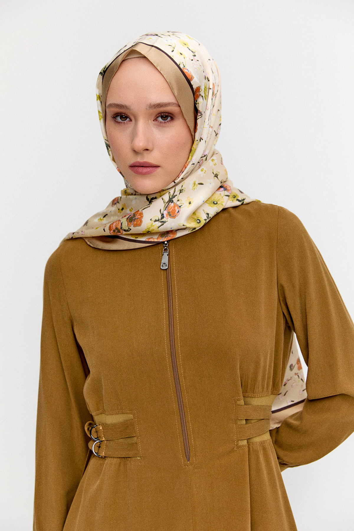 Kemerli Bomber Yakalı Lyocell Elbise, Tesettür Giyim