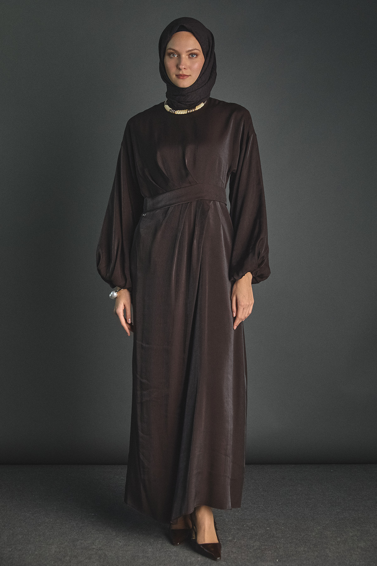 Drape Detaylı Jakarlı Elbise