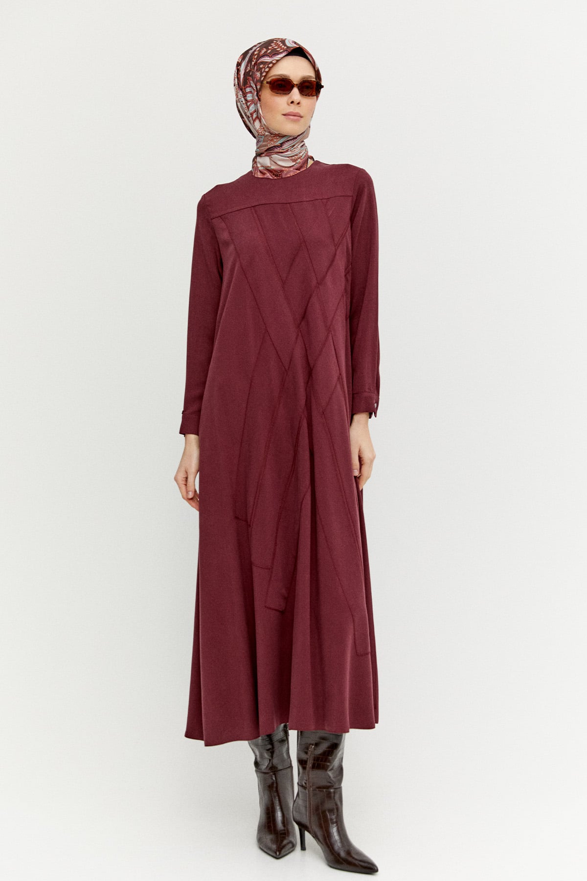 Geometrik Motifli Lyocell Elbise, Tesettür Giyim