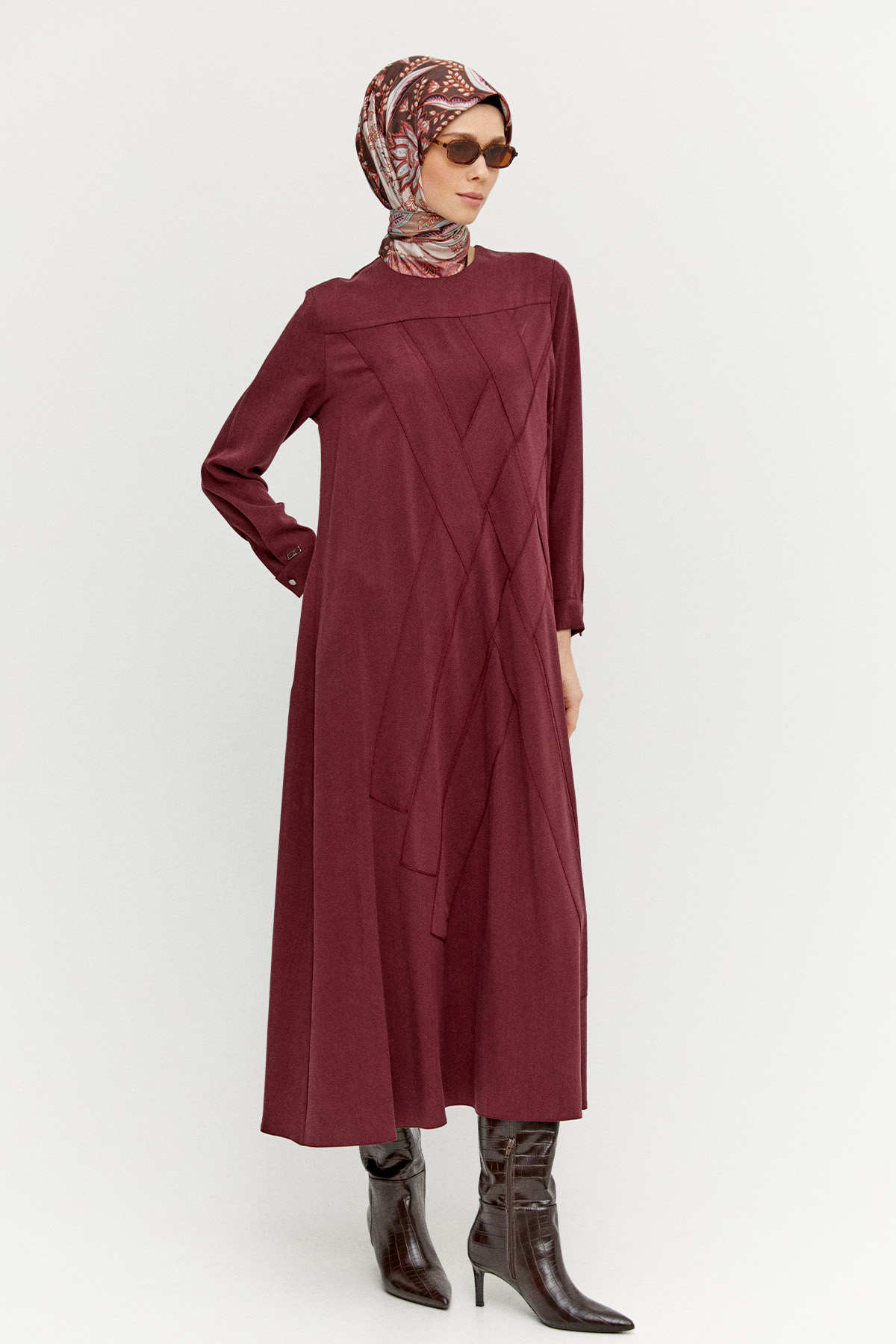 Geometrik Motifli Lyocell Elbise, Tesettür Giyim