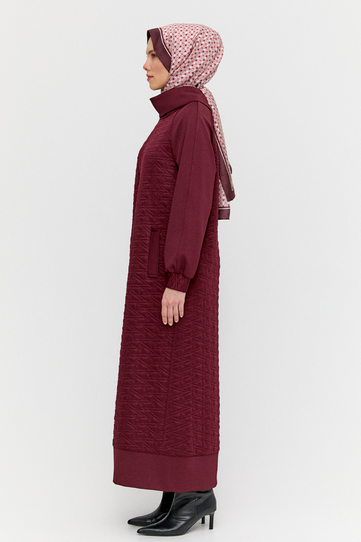 Yüksek Yakalı Dokulu Reglan Elbise, Tesettür Giyim