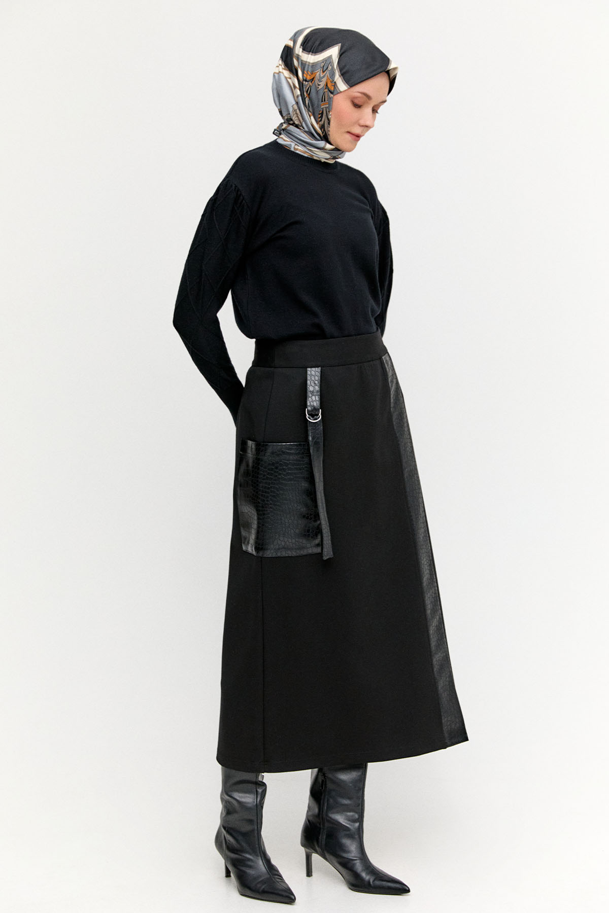 Croco Desen Suni Deri Detaylı Aksesuarlı Etek, Tesettür Giyim